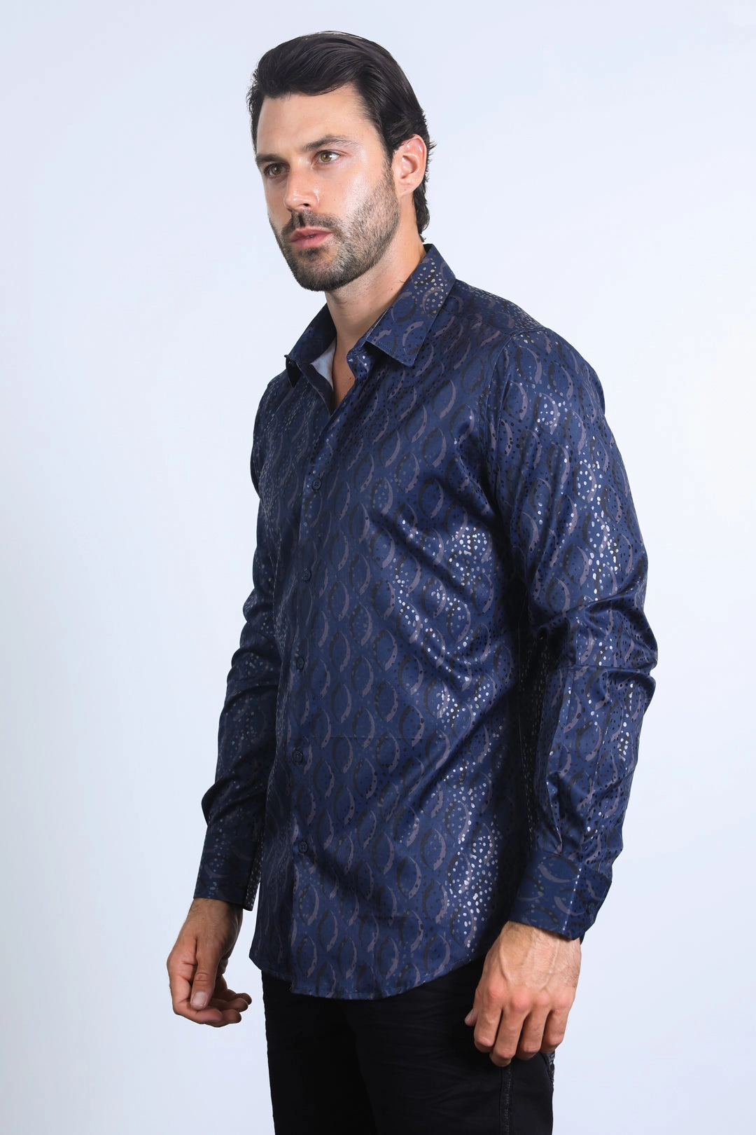 Mens Modern Fit Stretch Foil Fashion Navy Shirt Perfect Layer Multi Layer Stitching
