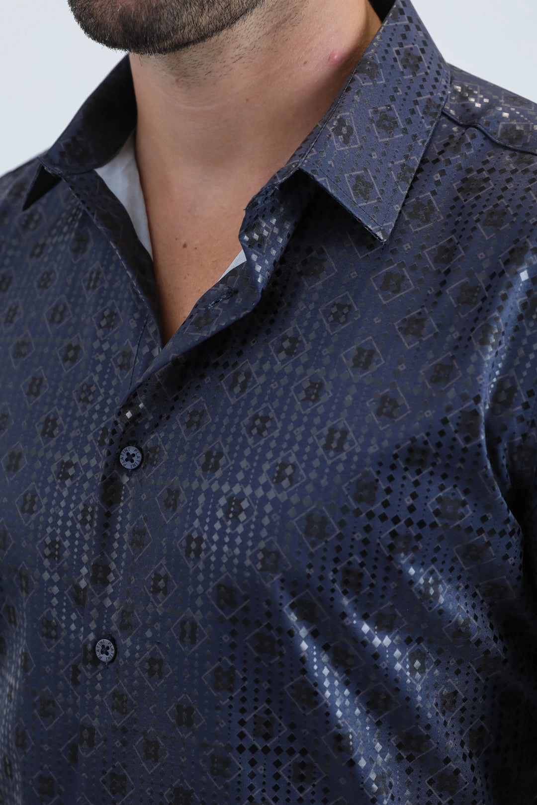 Button Down Design Lightweight Fabric Mens Modern Fit Stretch Foil Fashion Navy Shirt