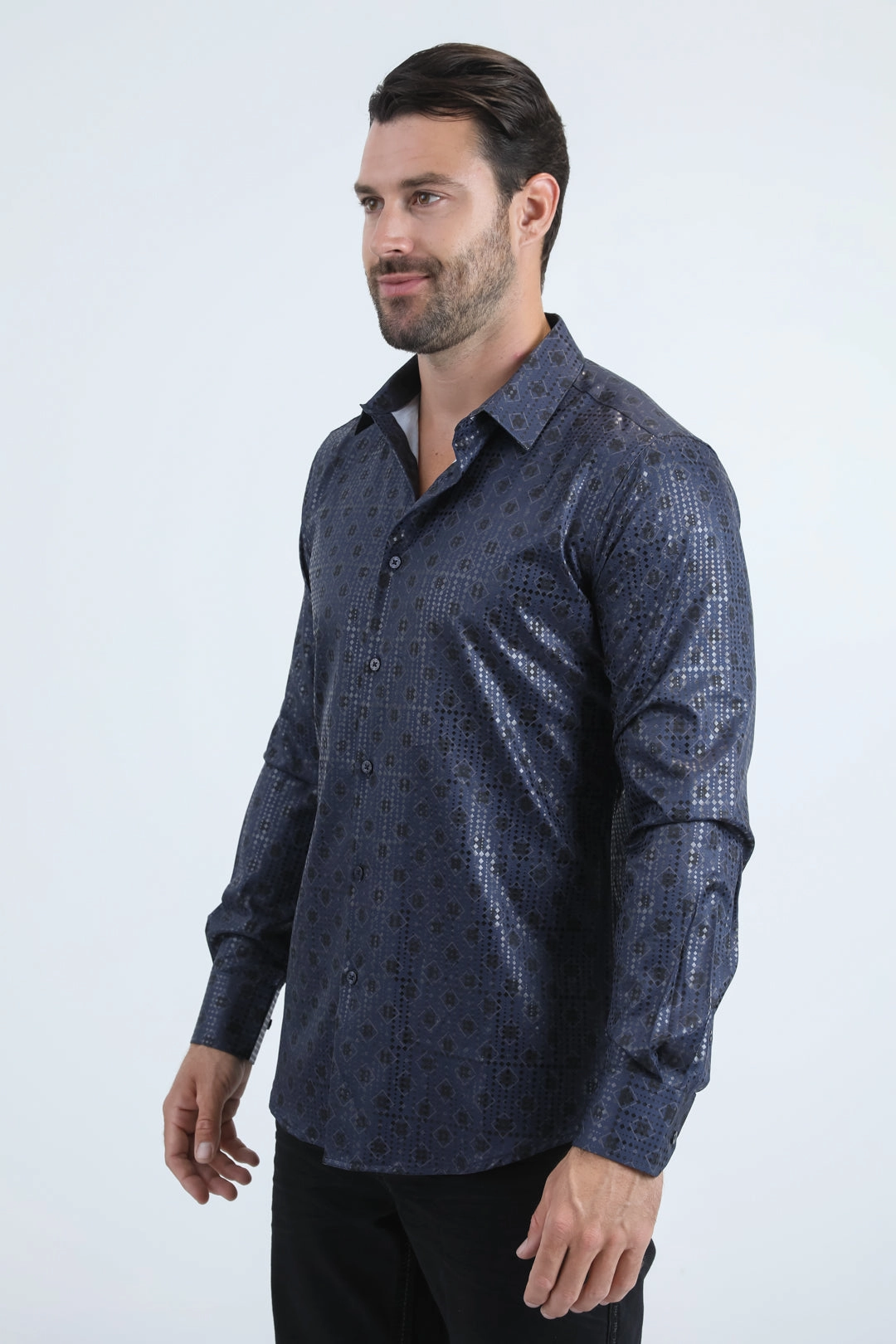 Mens Modern Fit Stretch Foil Fashion Navy Shirt Anti Odor Treatment