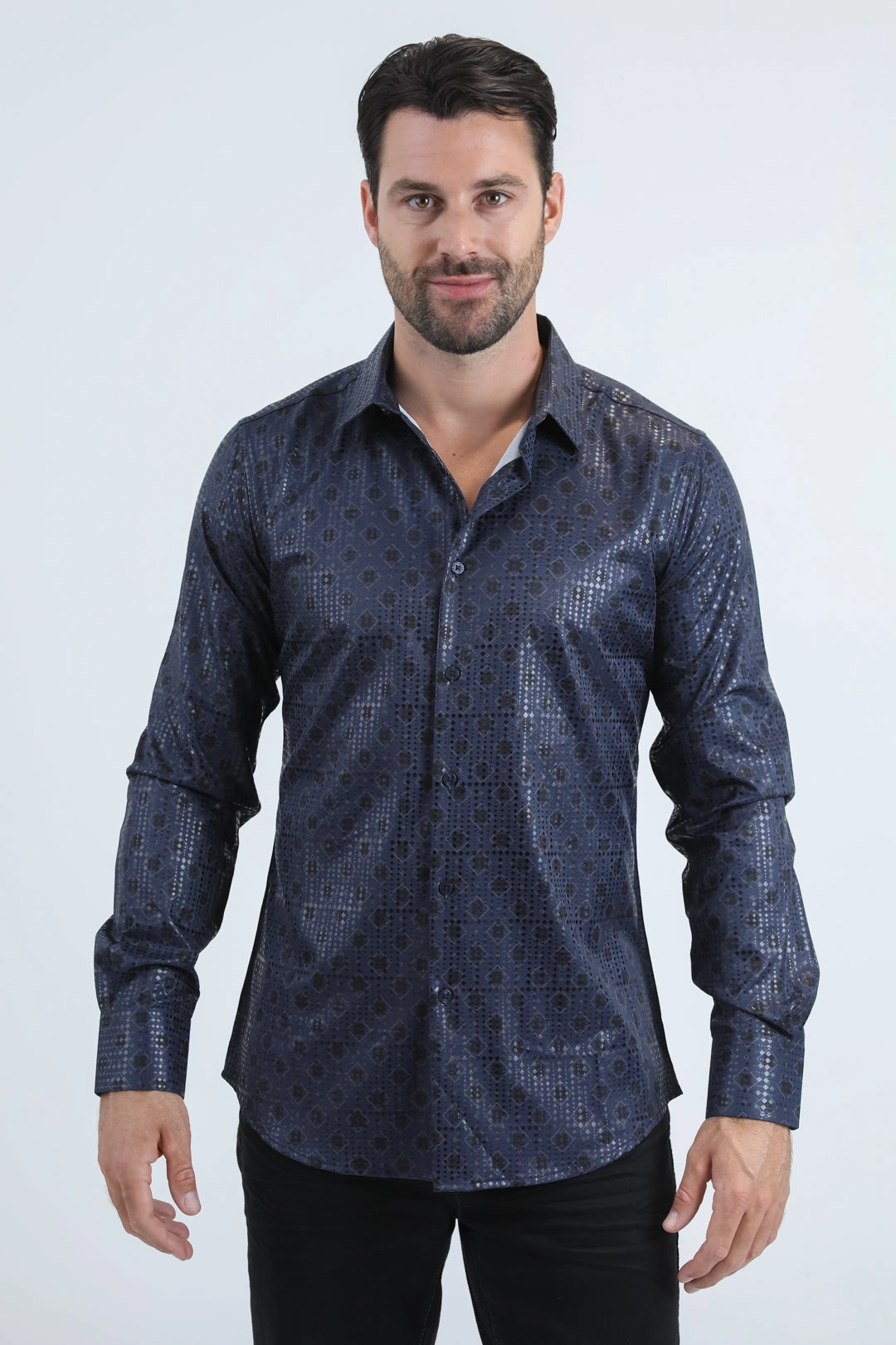 Mens Modern Fit Stretch Foil Fashion Navy Shirt Workwear Option