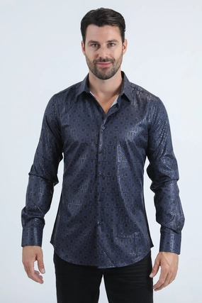 Mens Modern Fit Stretch Foil Fashion Navy Shirt Workwear Option