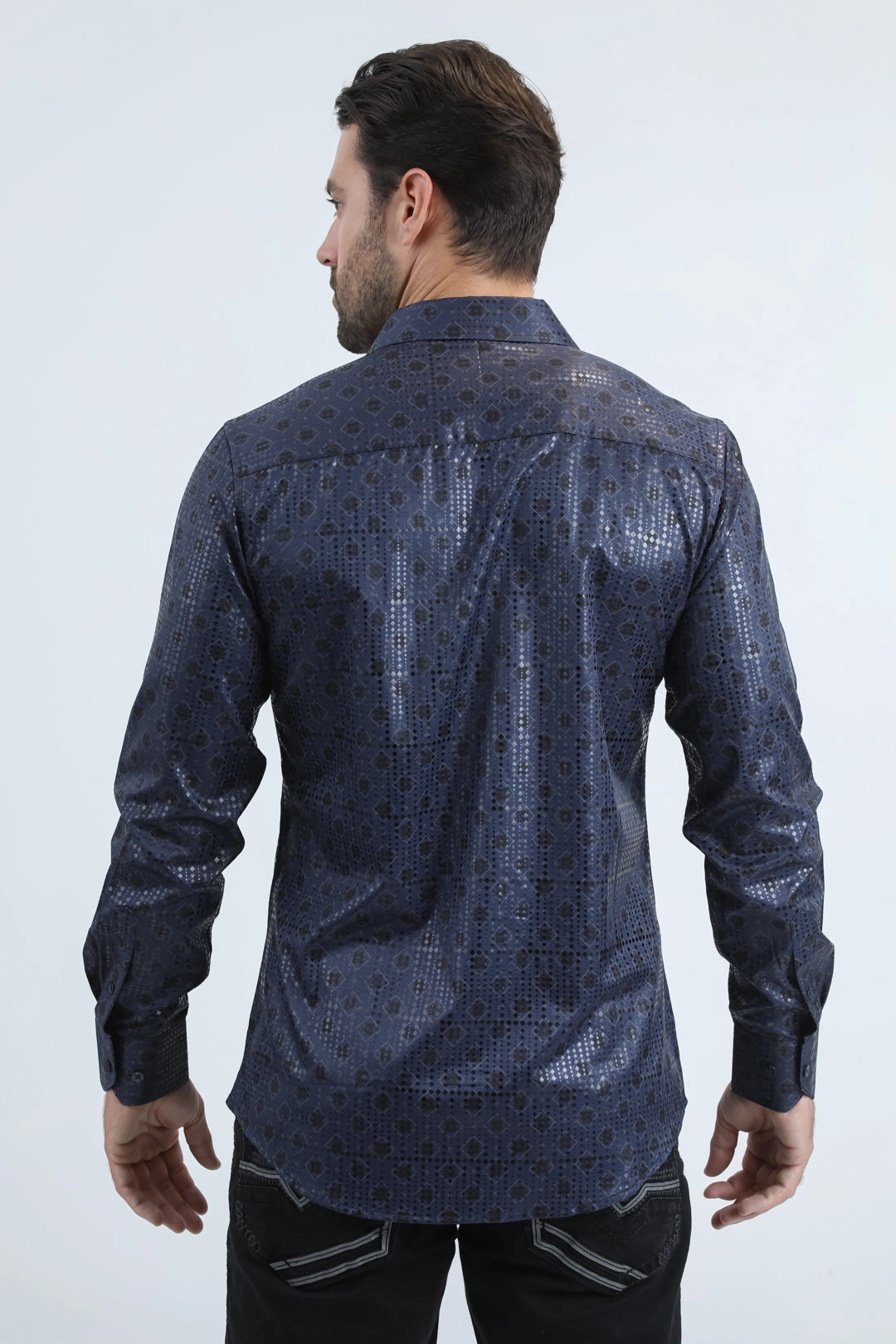 Mens Modern Fit Stretch Foil Fashion Navy Shirt Active Comfort