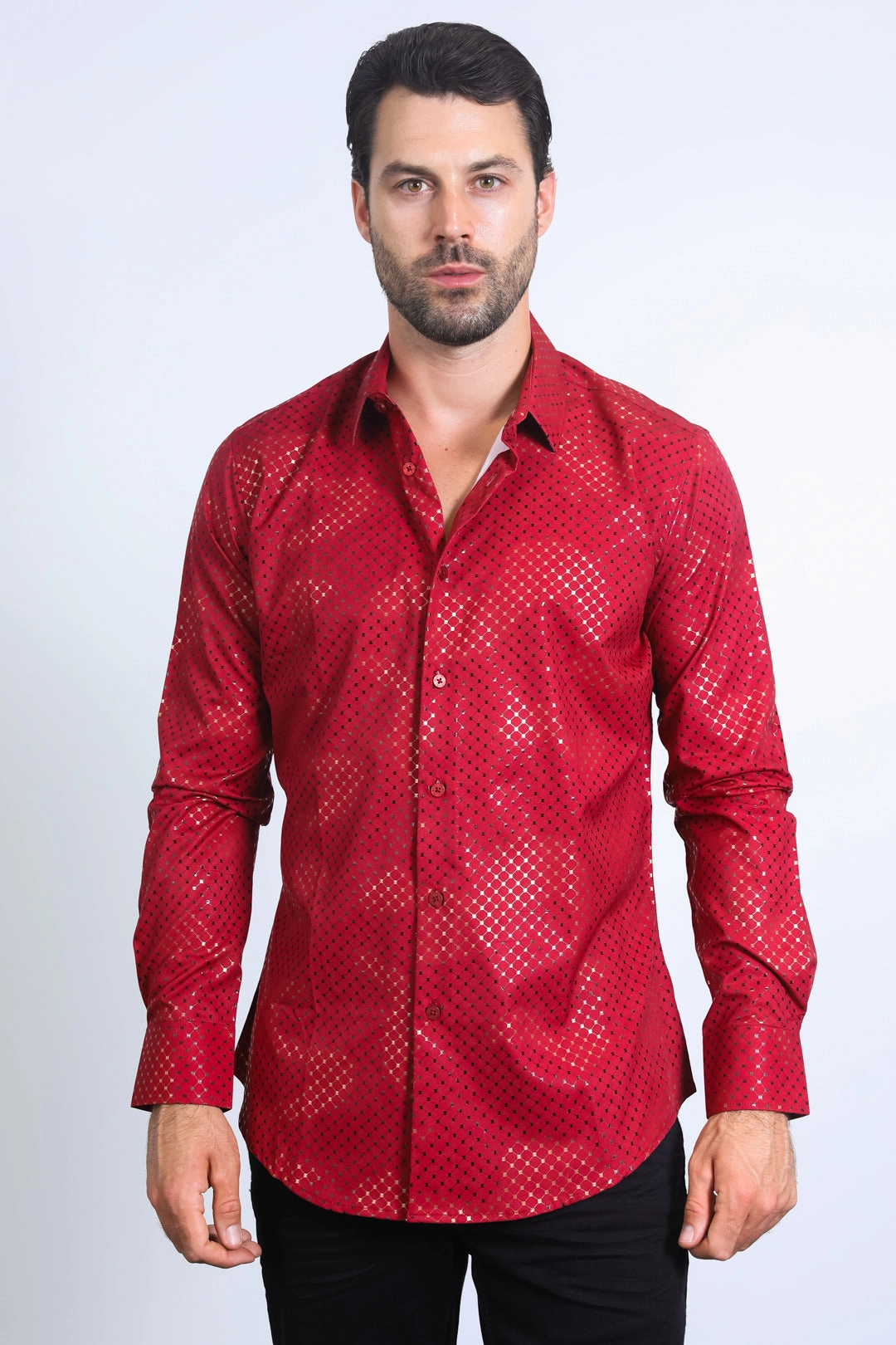 Mens Modern Fit Stretch Foil Fashion Red Shirt Fashion Forward