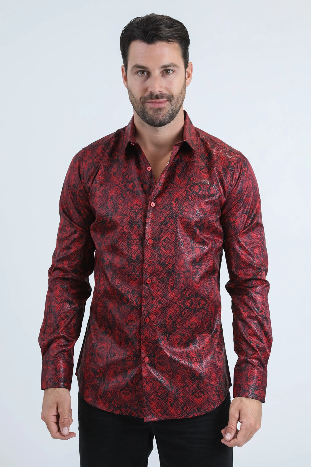 Breathable Style Mens Modern Fit Stretch Foil Fashion Red Shirt