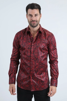 Breathable Style Mens Modern Fit Stretch Foil Fashion Red Shirt
