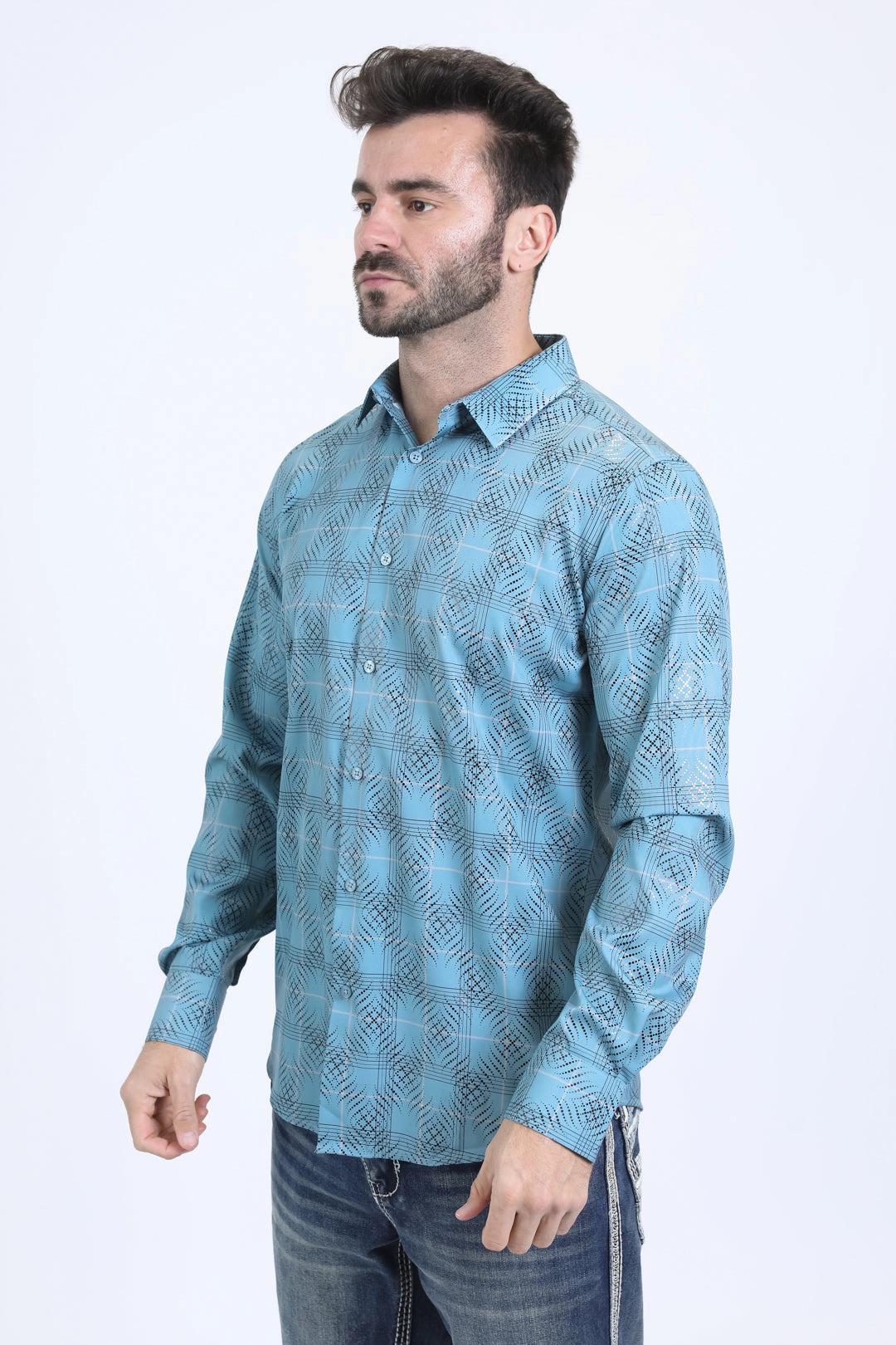 shopping spree Versatile Styling Mens Modern Fit Stretch Foil Fashion Teal Shirt