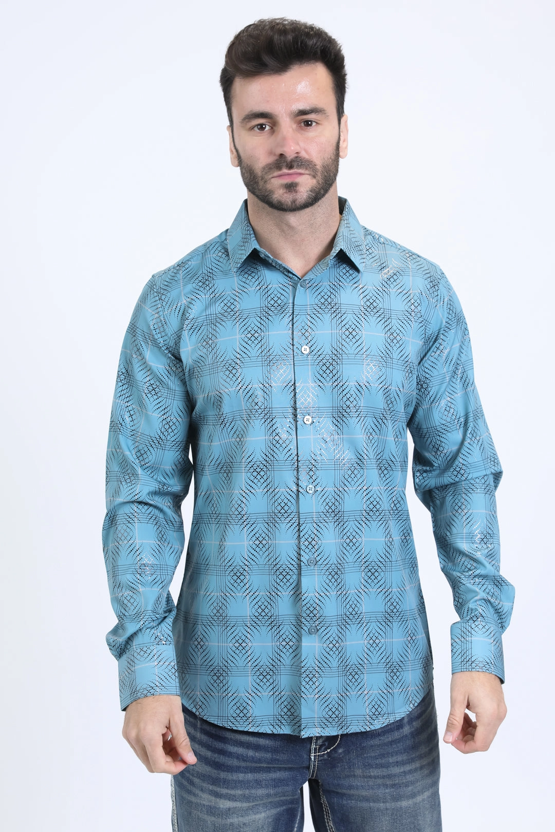 Flexible Placket Structure Sustainable Choice Mens Modern Fit Stretch Foil Fashion Teal Shirt