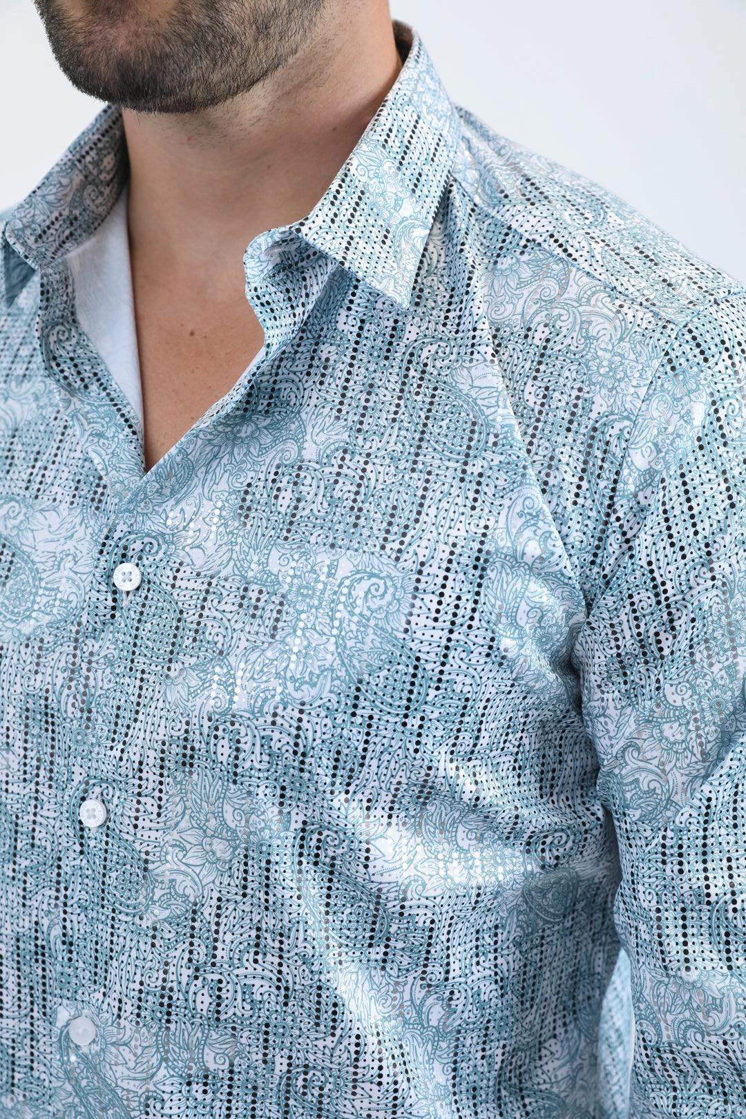 Mens Modern Fit Stretch Foil Fashion White/Blue Shirt Wrinkle Free Care Fitted Design