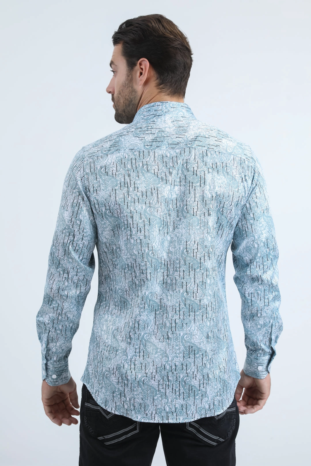 Mens Modern Fit Stretch Foil Fashion White/Blue Shirt Distressed finish Embroidered Detail