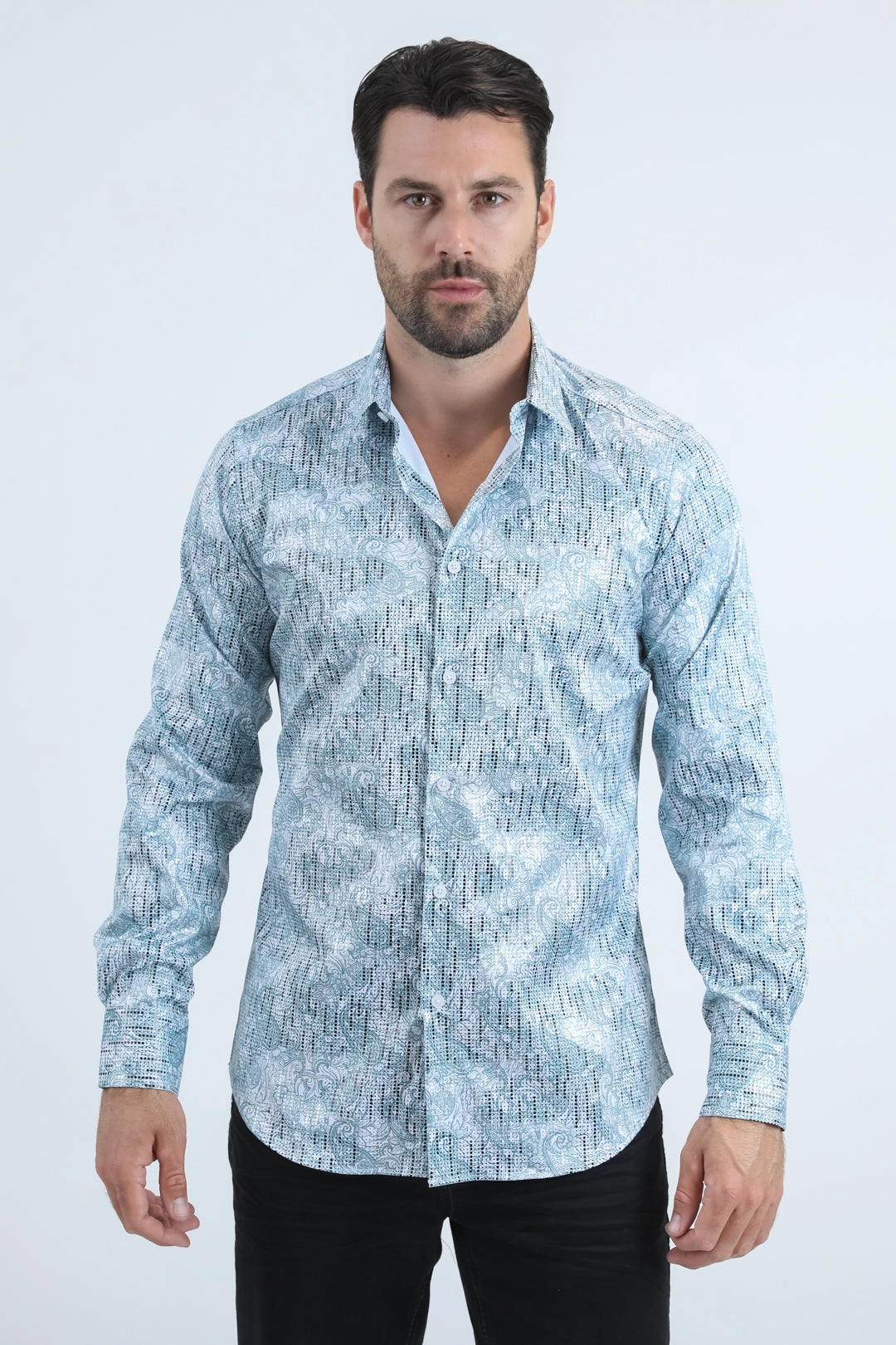 Cozy Option Mens Modern Fit Stretch Foil Fashion White/Blue Shirt