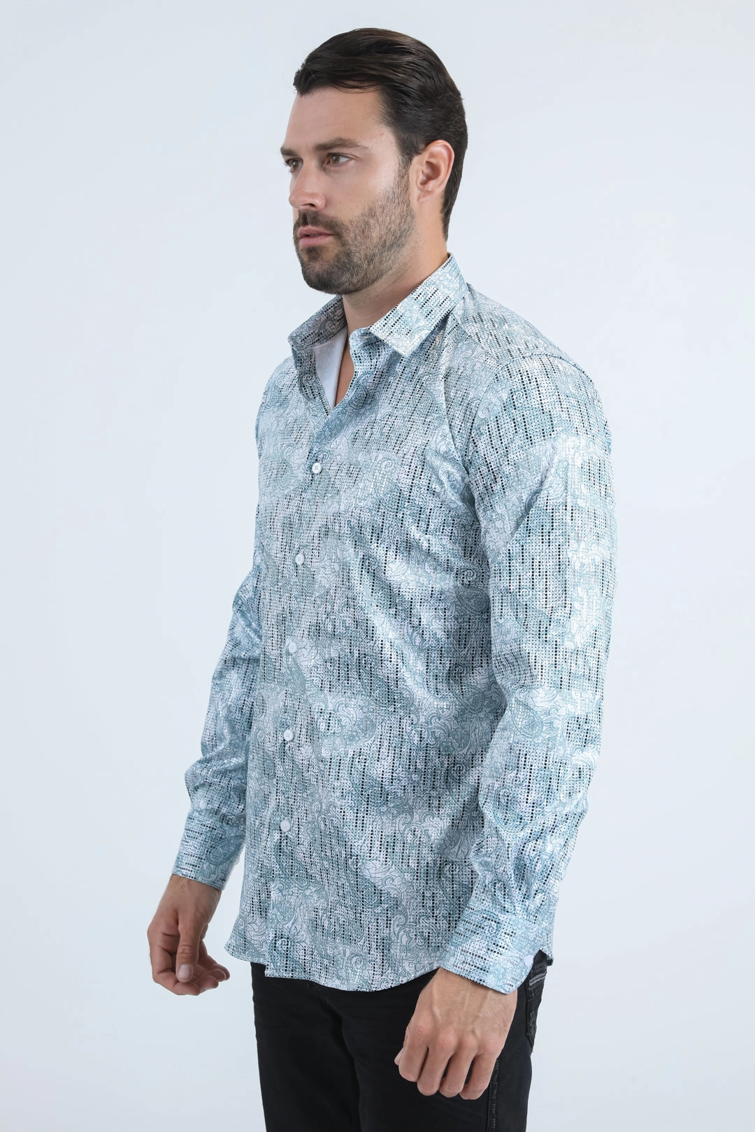 Striped Design Sleek Fit Mens Modern Fit Stretch Foil Fashion White/Blue Shirt