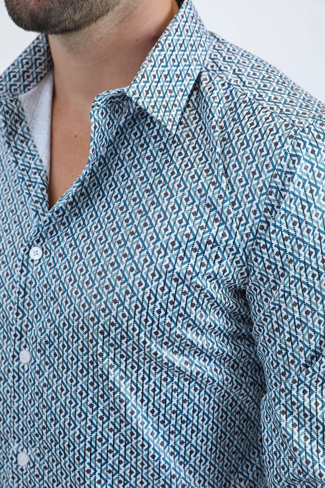 Mens Modern Fit Stretch Foil Fashion White Shirt Polka Dot Layered Hemline