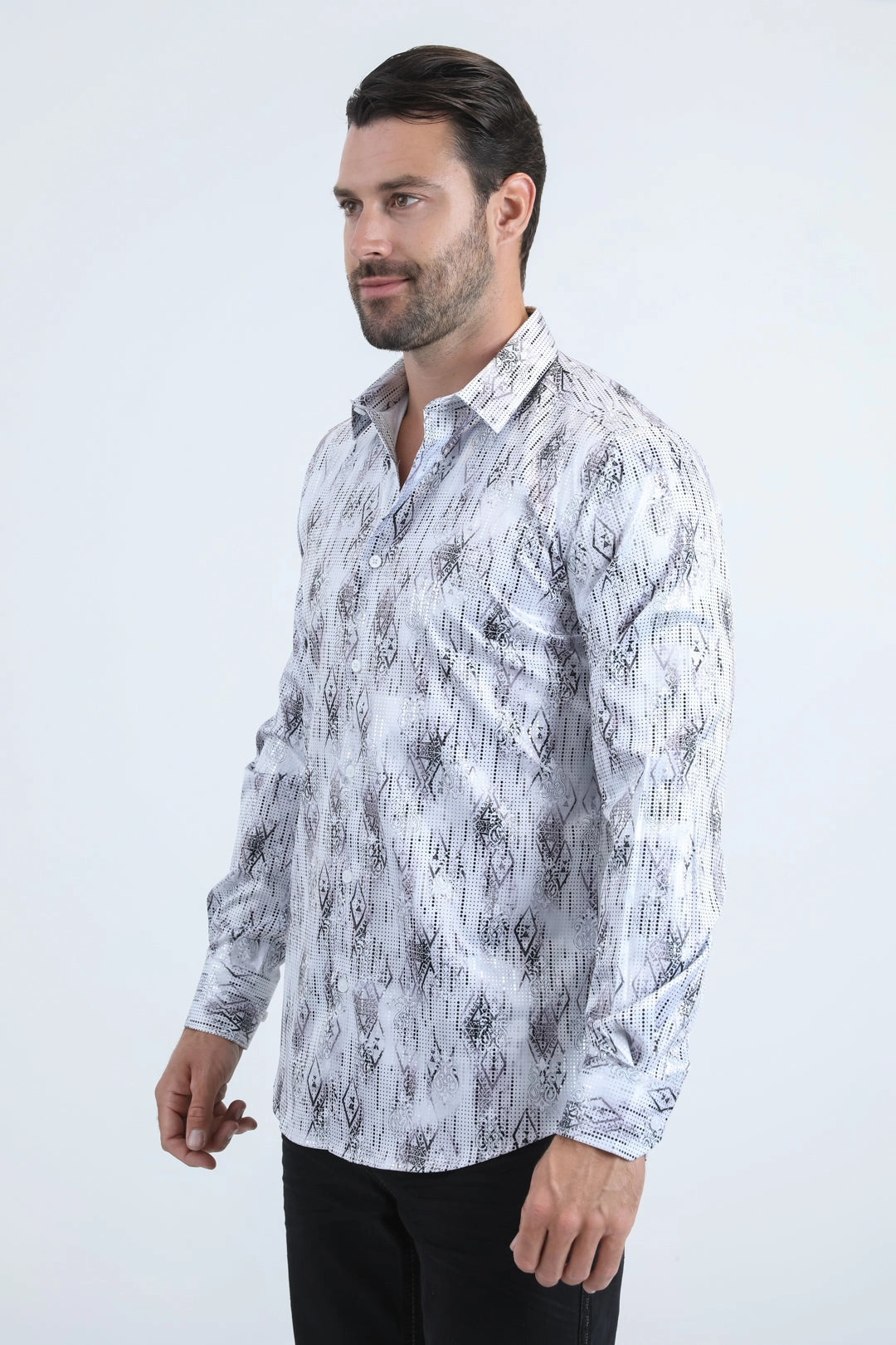 Hooded Neckline Mens Modern Fit Stretch Foil Fashion White Shirt