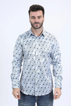 Mens Modern Fit Stretch Foil Fashion White Shirt Tropical theme