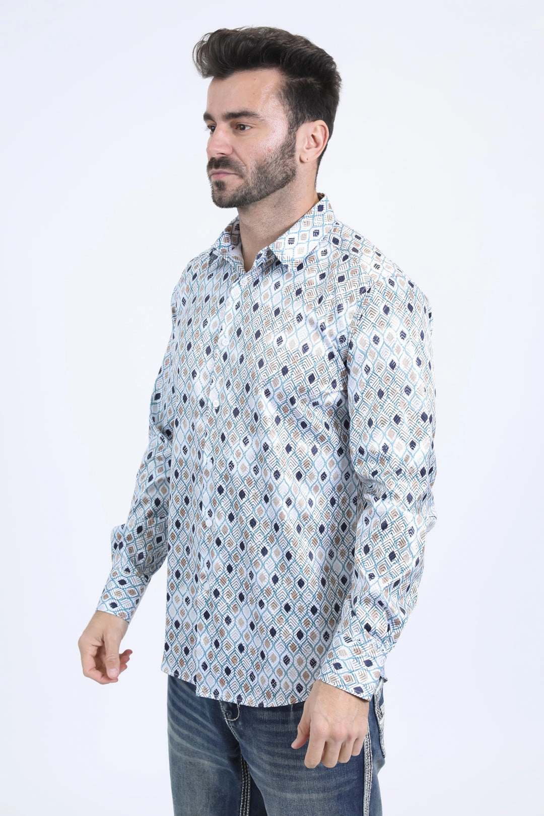 Mens Modern Fit Stretch Foil Fashion White Shirt Geometric Design