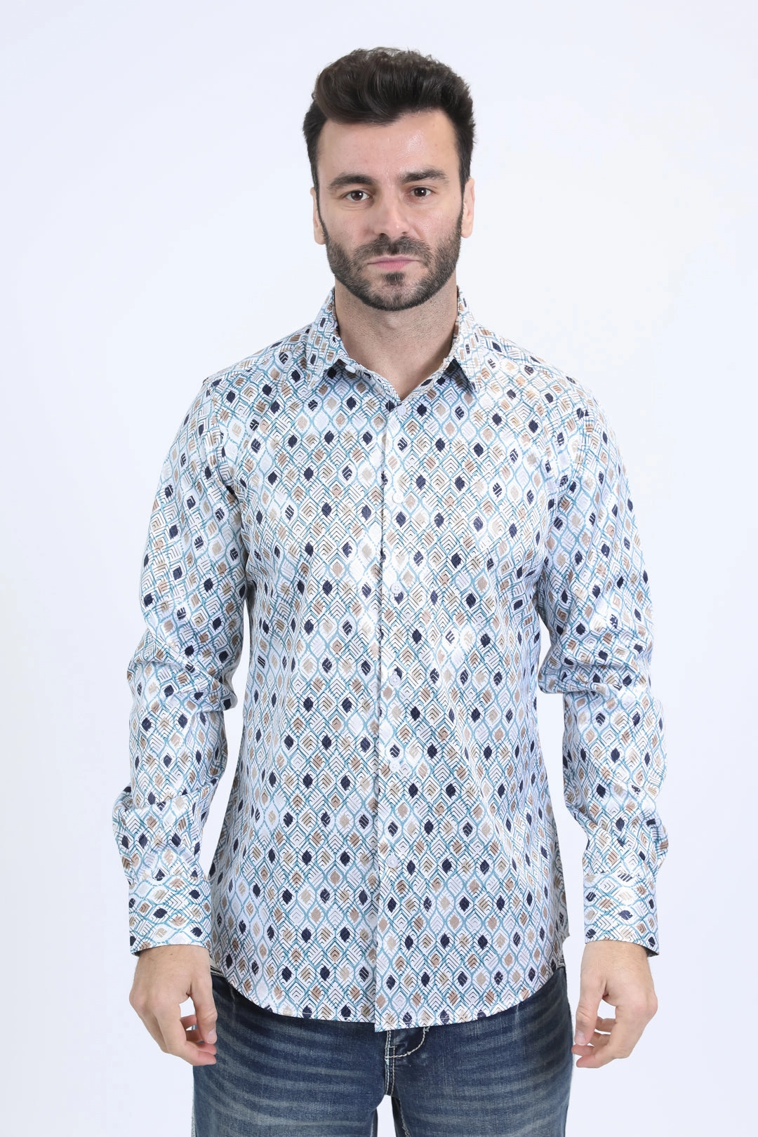 Mens Modern Fit Stretch Foil Fashion White Shirt Tropical theme