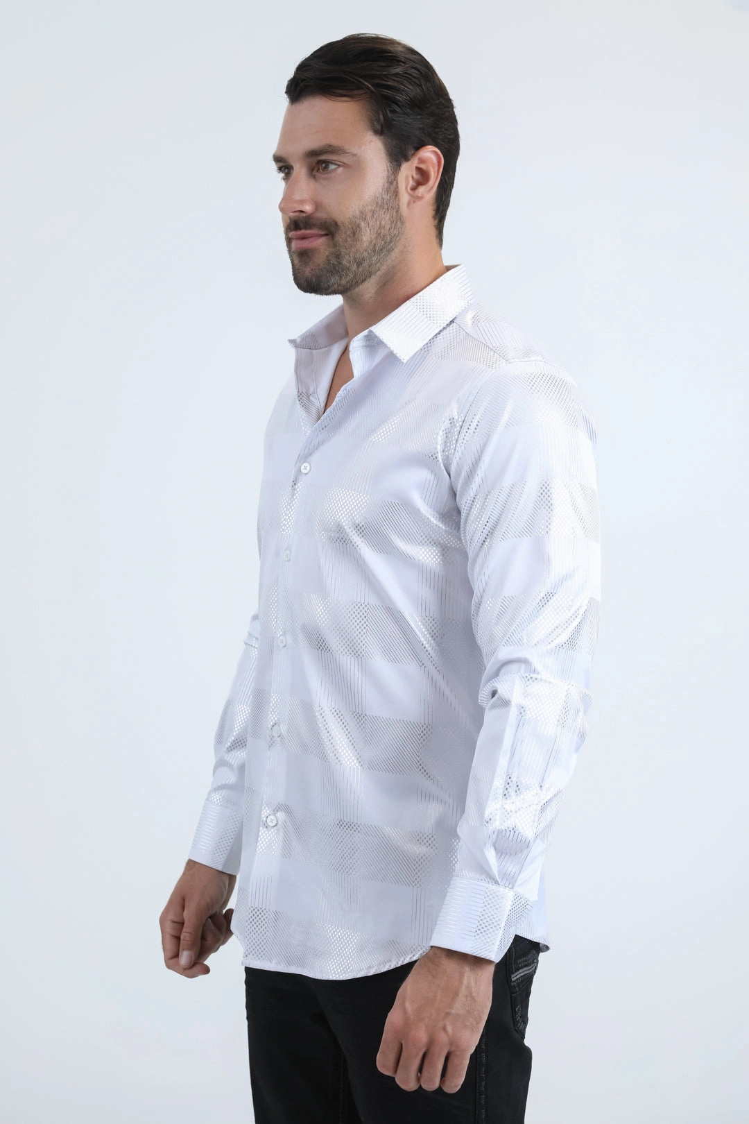 Autumn Look Classic Collar Mens Modern Fit Stretch Foil Fashion White Shirt