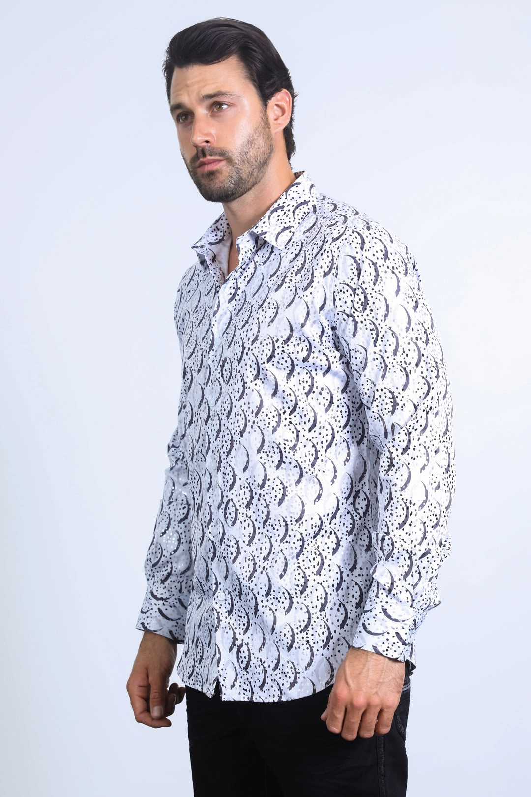 Mens Modern Fit Stretch Foil Fashion White Shirt Tagless Design