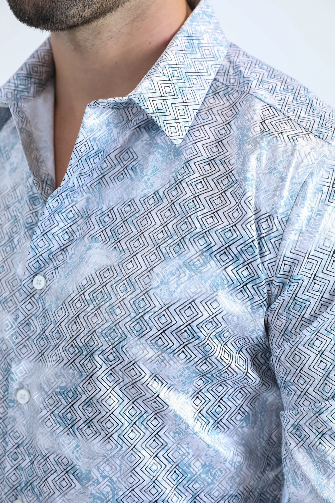 Mens Modern Fit Stretch Foil Fashion White Shirt Textured Finish Micro Perforated Texture