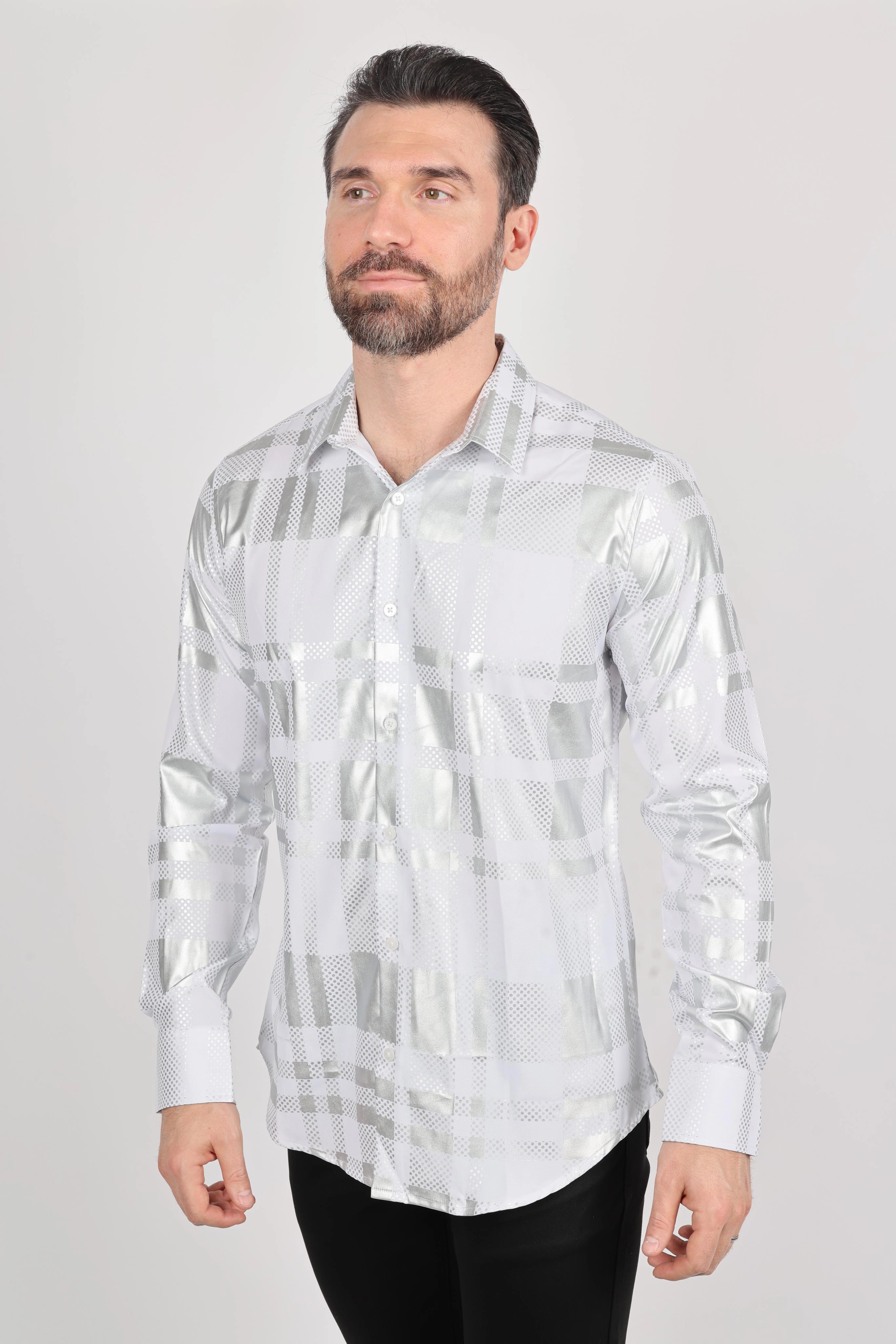 adult clothing Snag Free Surface Mens Modern Fit Stretch Foiled White Long Sleeve Shirt