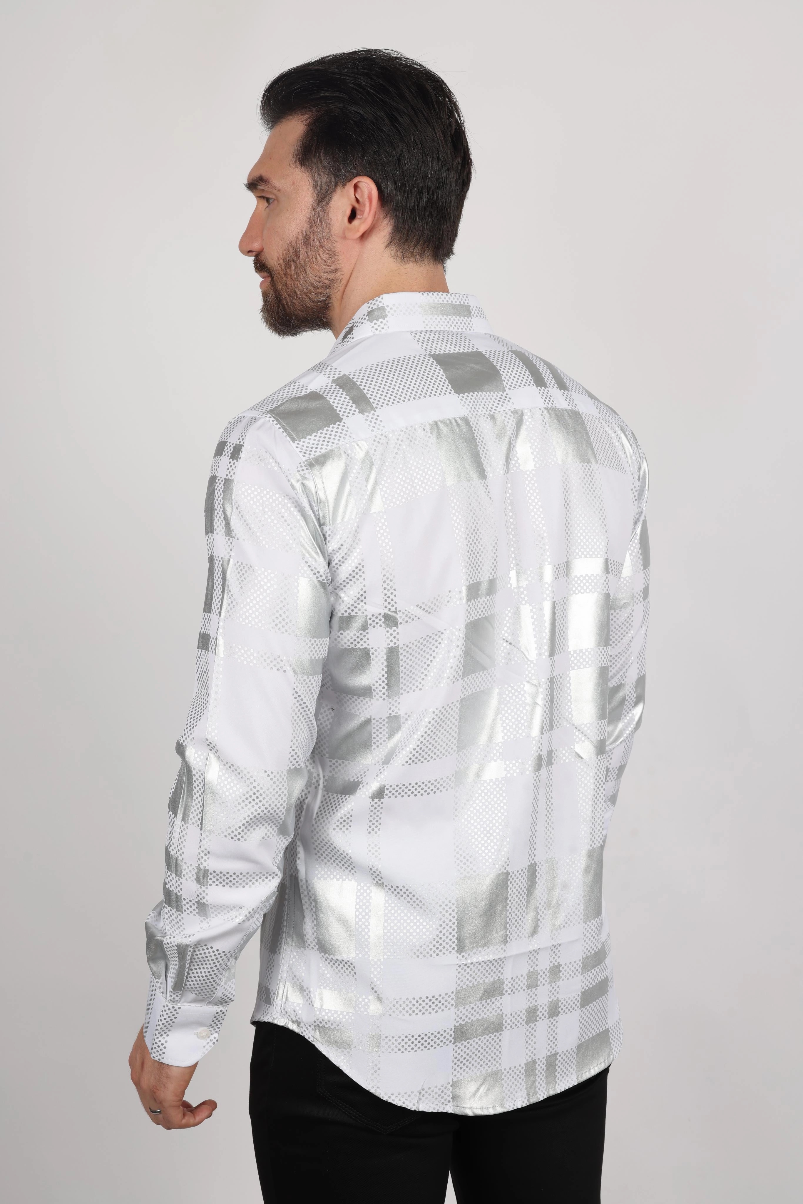 Mens Modern Fit Stretch Foiled White Long Sleeve Shirt Durable Quality
