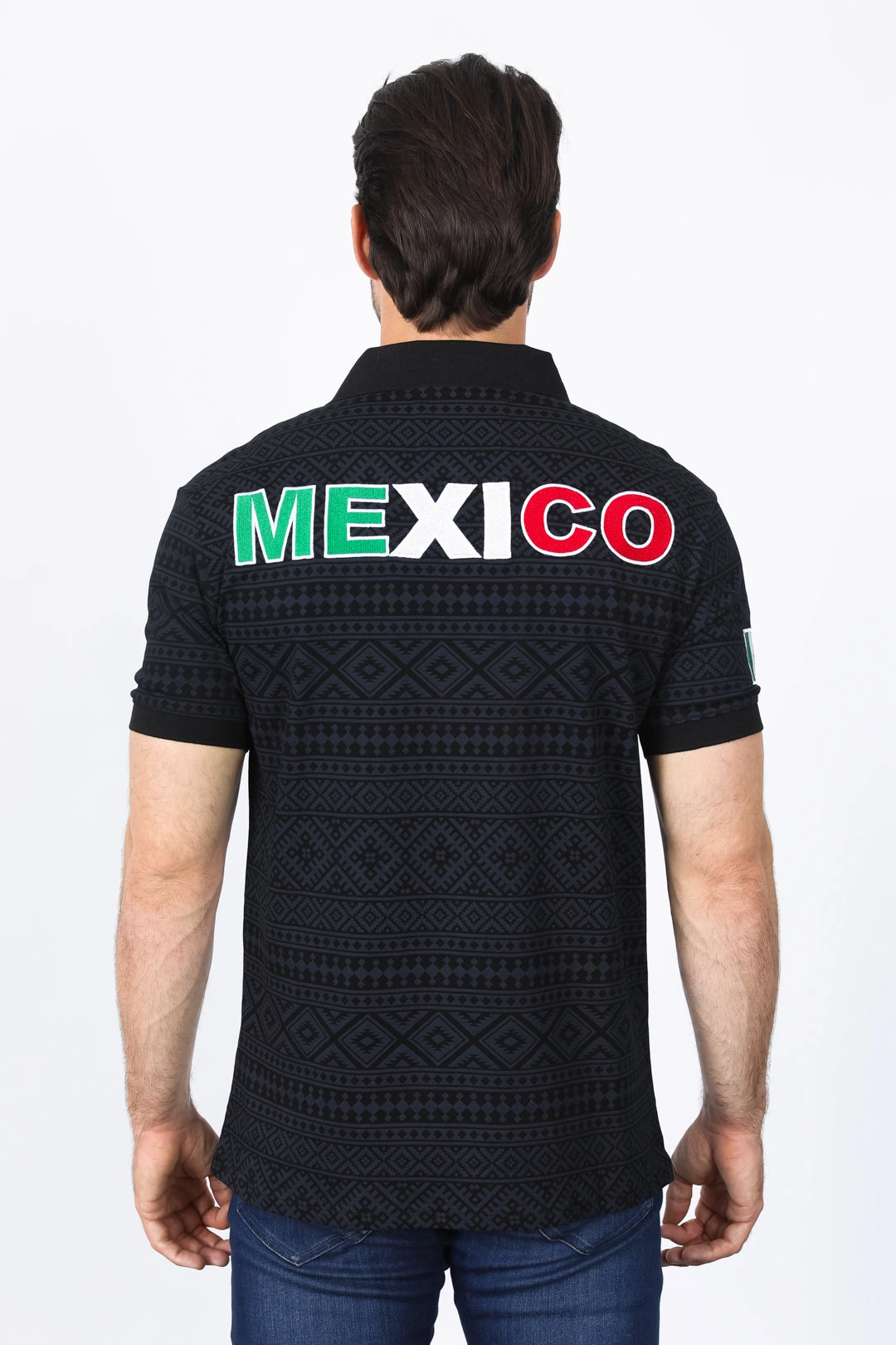 Mens Modern Fit Stretch MEXICO Cotton Polo with Aztec Print Chic Appearance