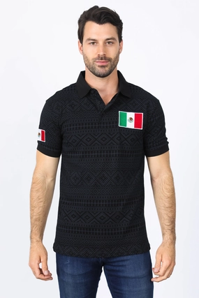Urban Look Comfort Wear Mens Modern Fit Stretch MEXICO Cotton Polo with Aztec Print