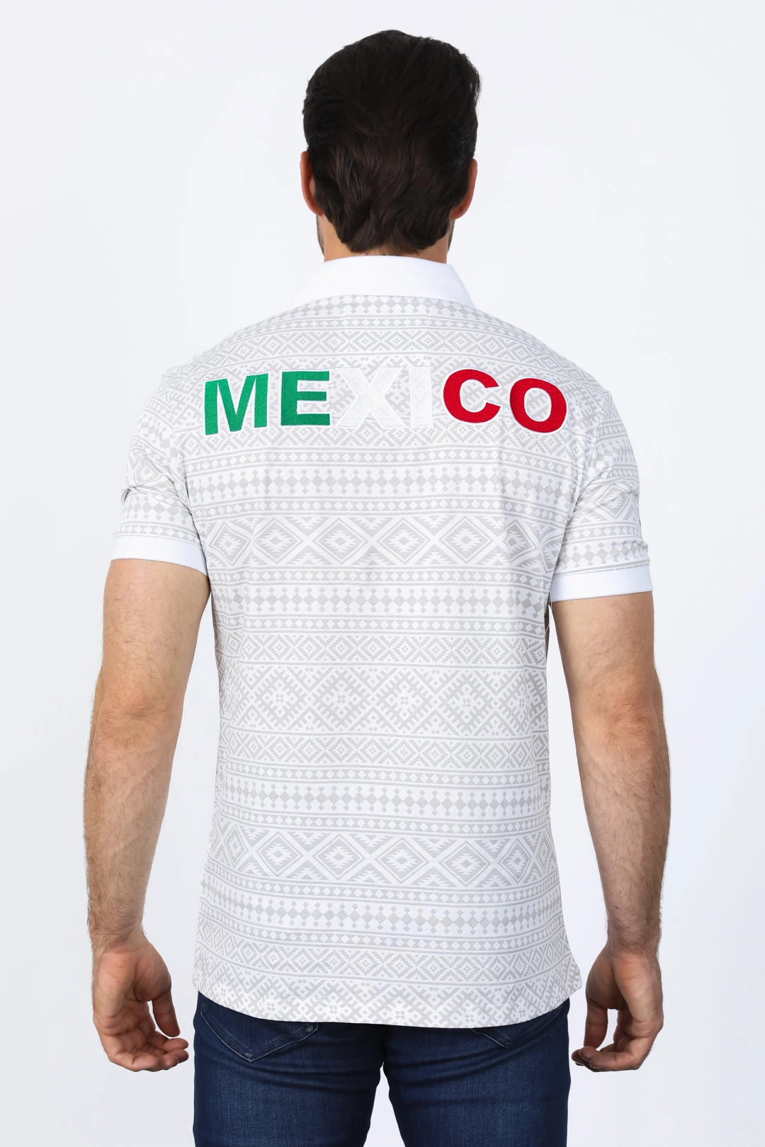 Mens Modern Fit Stretch MEXICO Cotton Polo with Aztec Print Relaxed Collar Professional Layers
