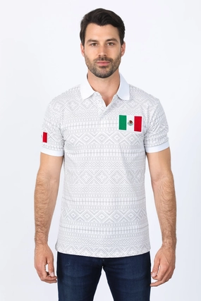 Mens Modern Fit Stretch MEXICO Cotton Polo with Aztec Print Breathable Cotton