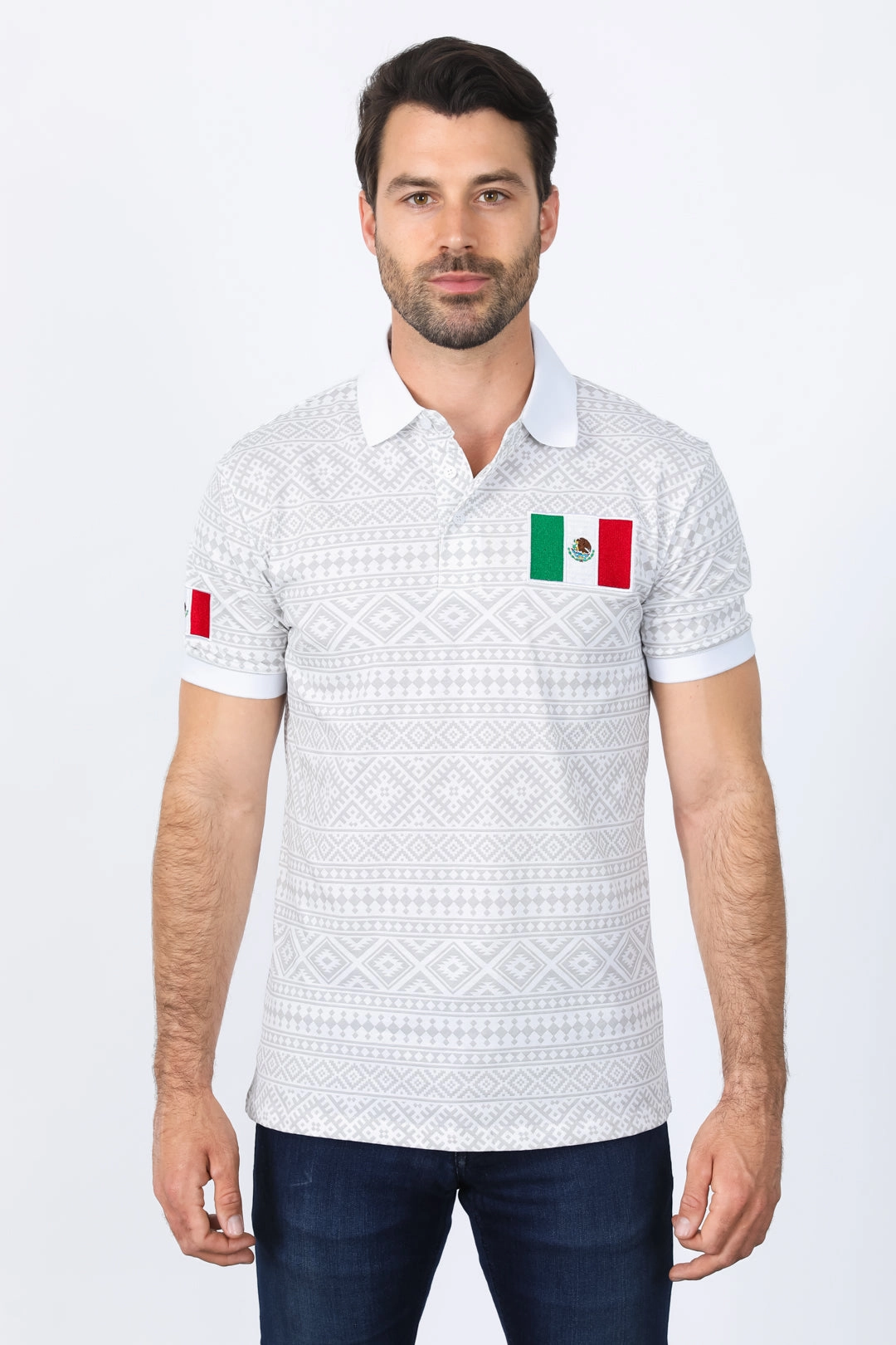 Mens Modern Fit Stretch MEXICO Cotton Polo with Aztec Print Breathable Cotton