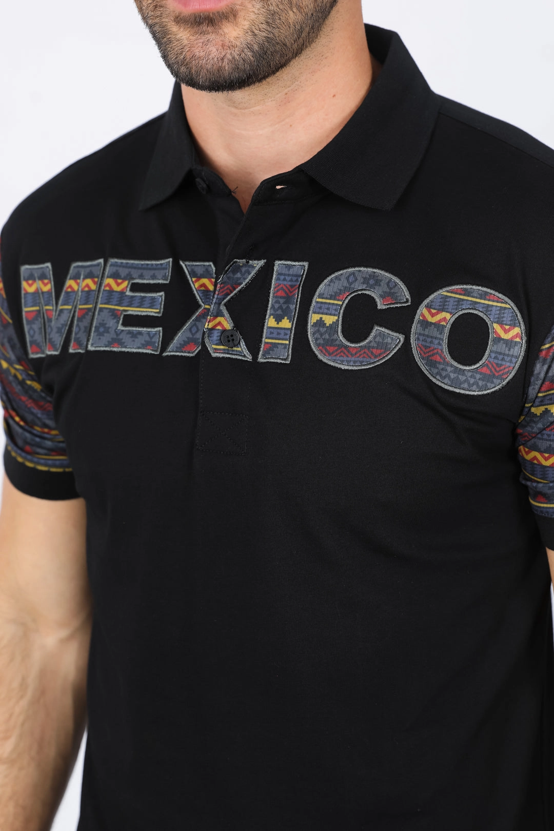 Mens Modern Fit Stretch MEXICO Embroidery Polo Layered Look