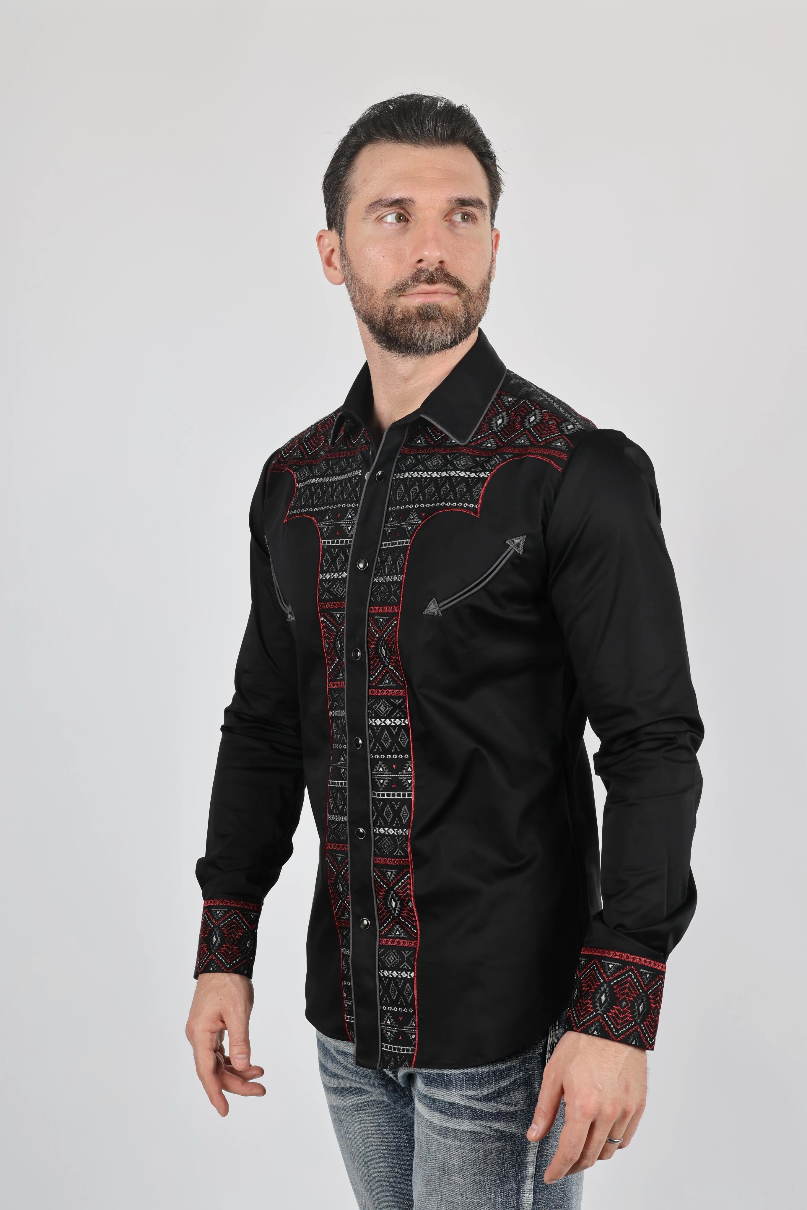 Mens Modern Fit Stretch Multi-Color Aztec Embroidery Shirt Compact Packing Premium Style