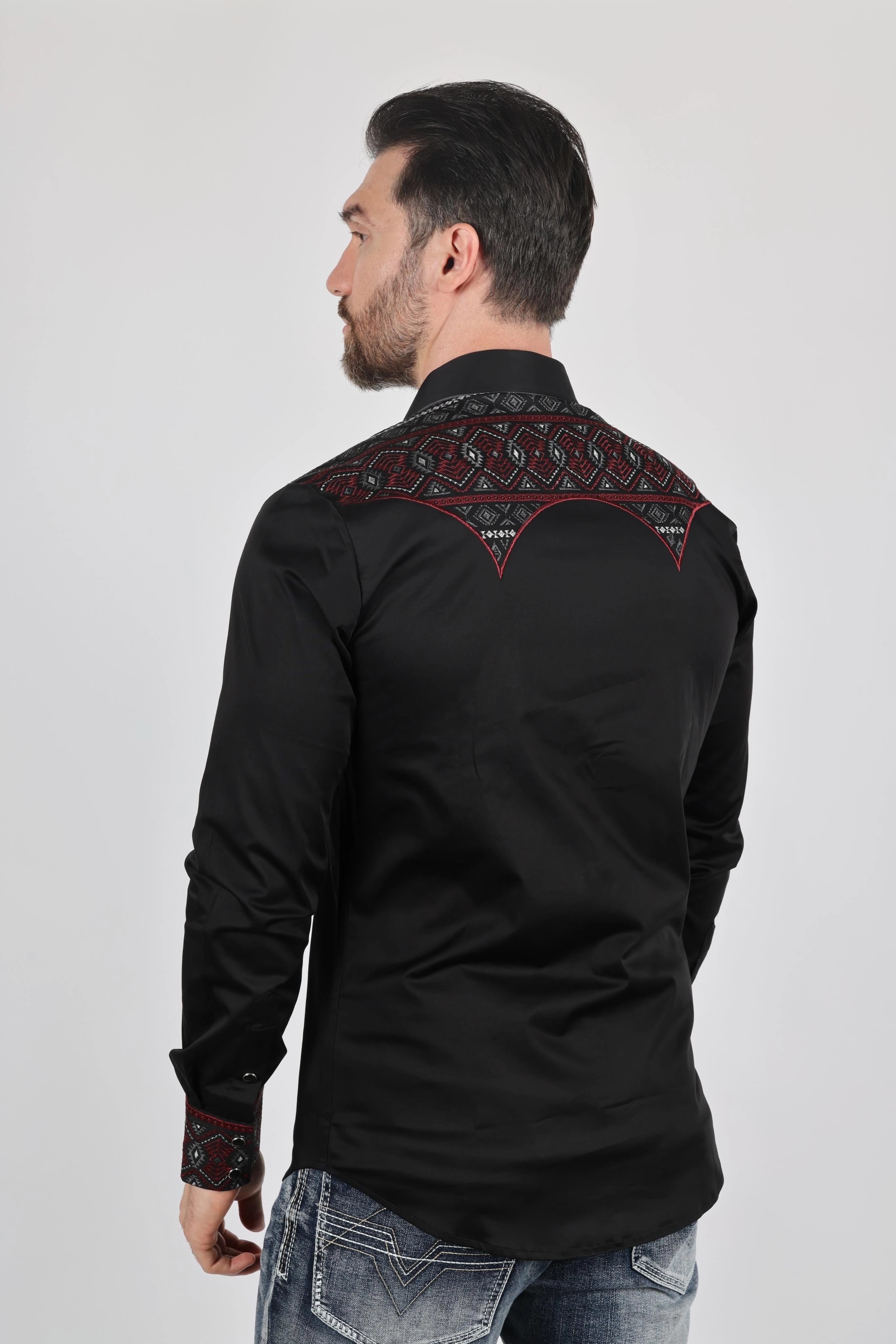 Mens Modern Fit Stretch Multi-Color Aztec Embroidery Shirt decorative element Urban Style