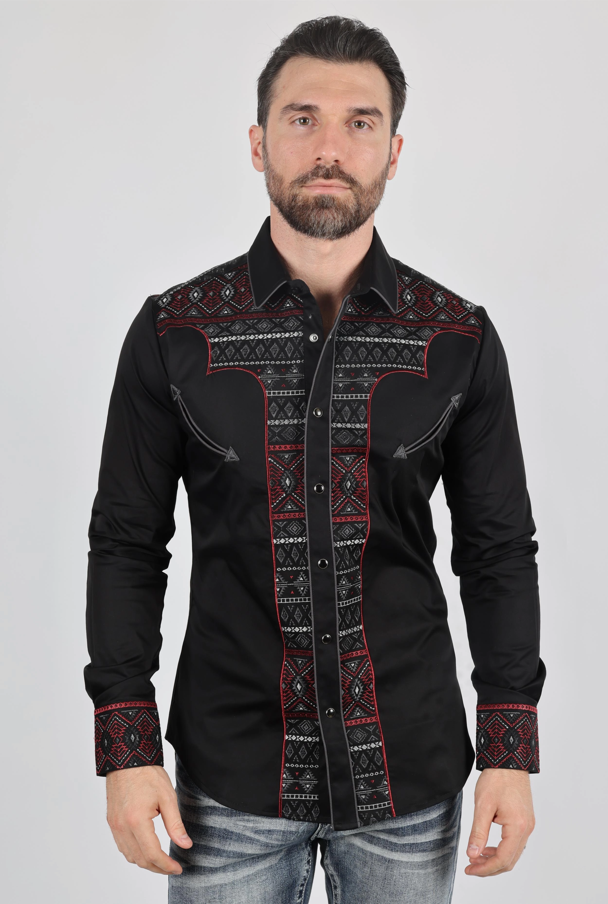 Seamless Sides Mens Modern Fit Stretch Multi-Color Aztec Embroidery Shirt