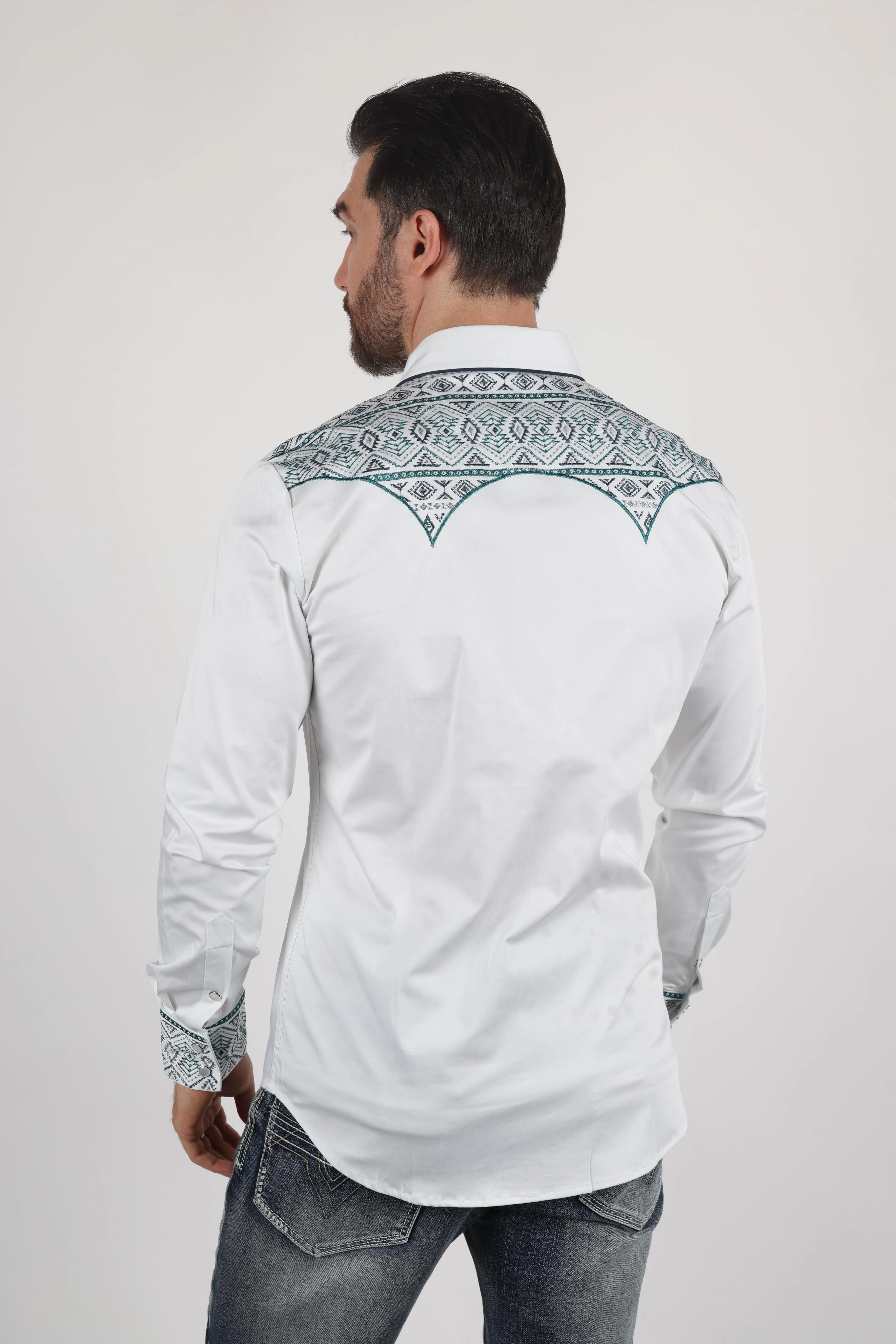 Geometric Shape Petite Cut Mens Modern Fit Stretch Multi-Color Aztec Embroidery Shirt