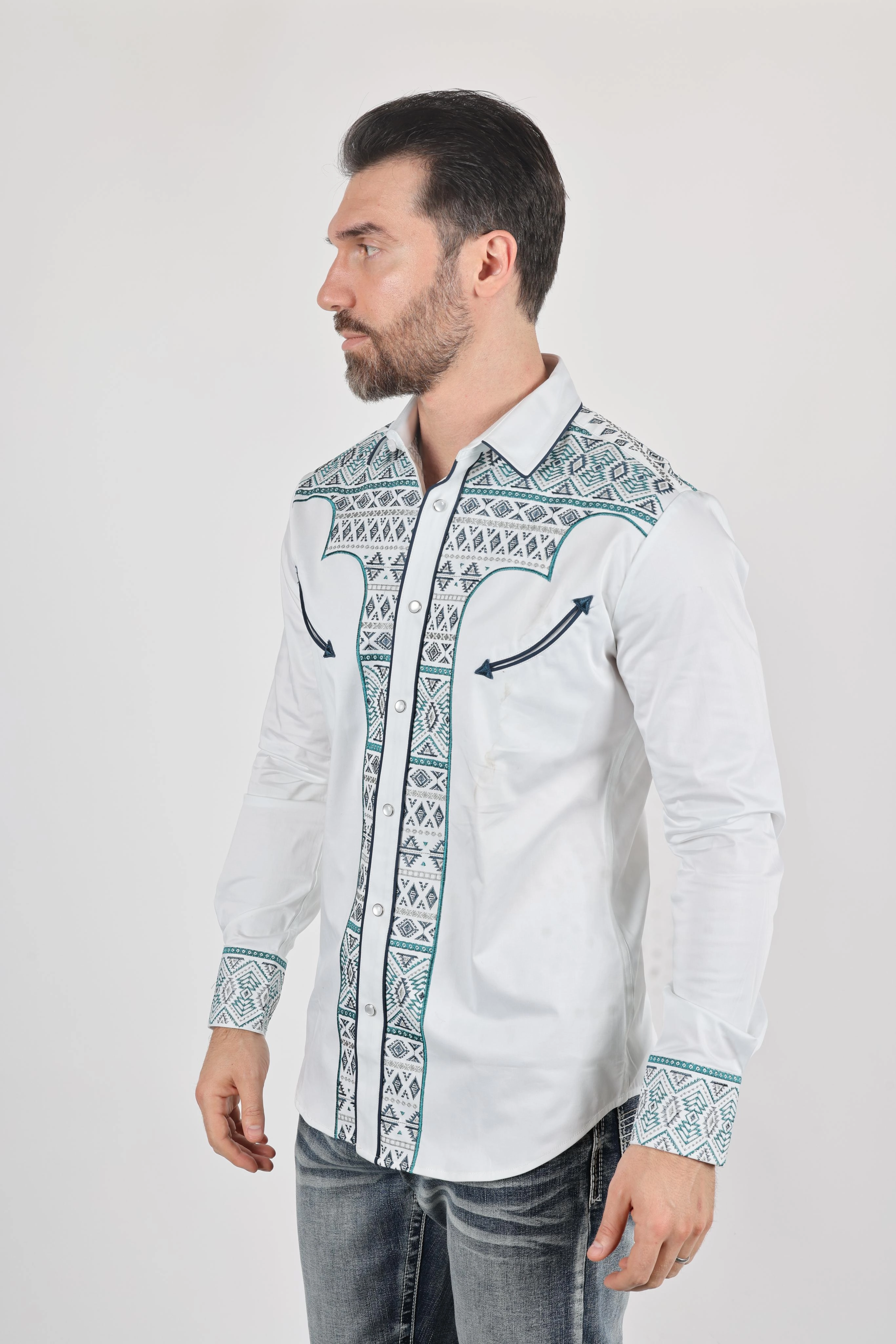 Mens Modern Fit Stretch Multi-Color Aztec Embroidery Shirt Classic Comfort Sleek Silhouette