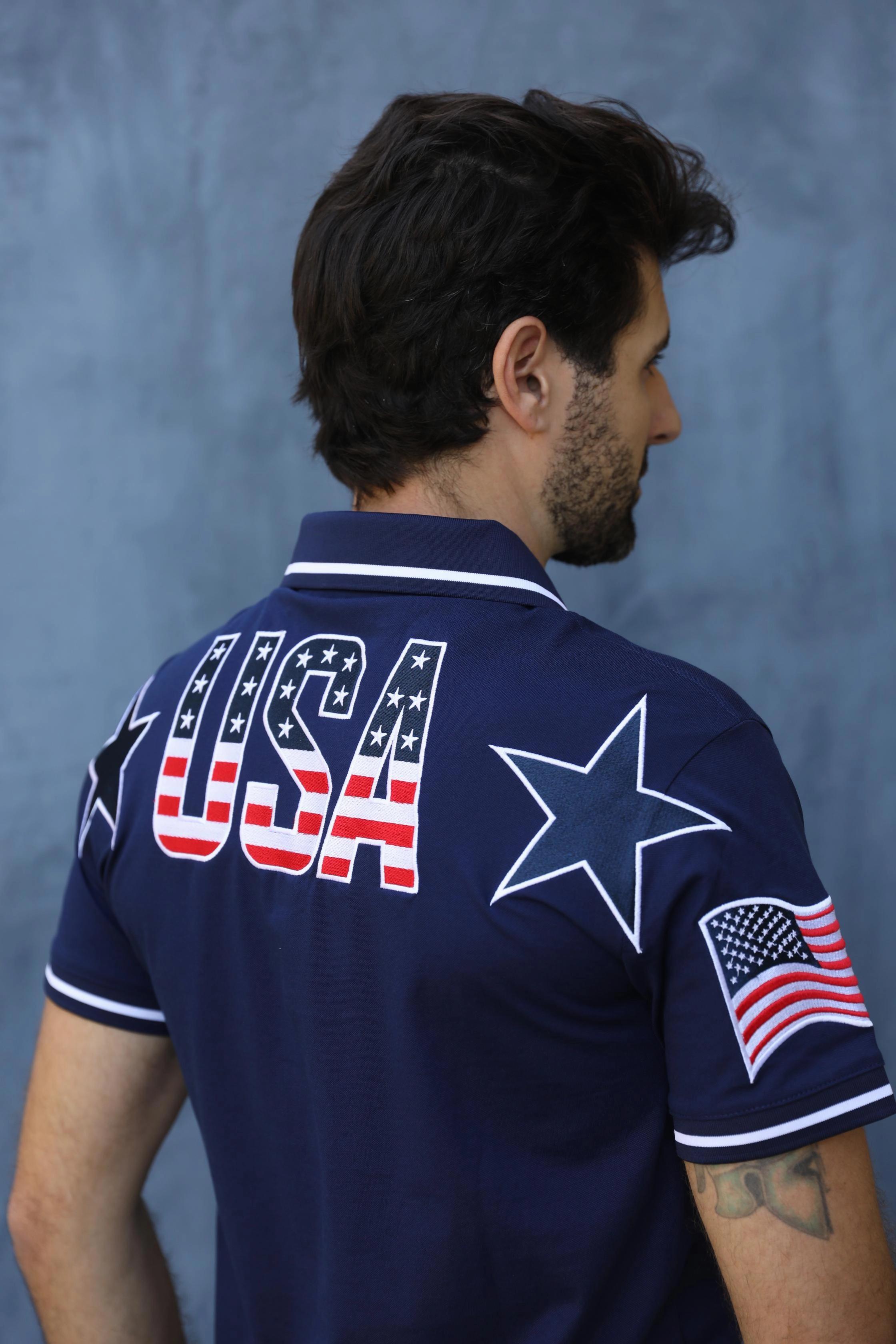 Mens Modern Fit Stretch USA Embroidery Polo Functional Shirt