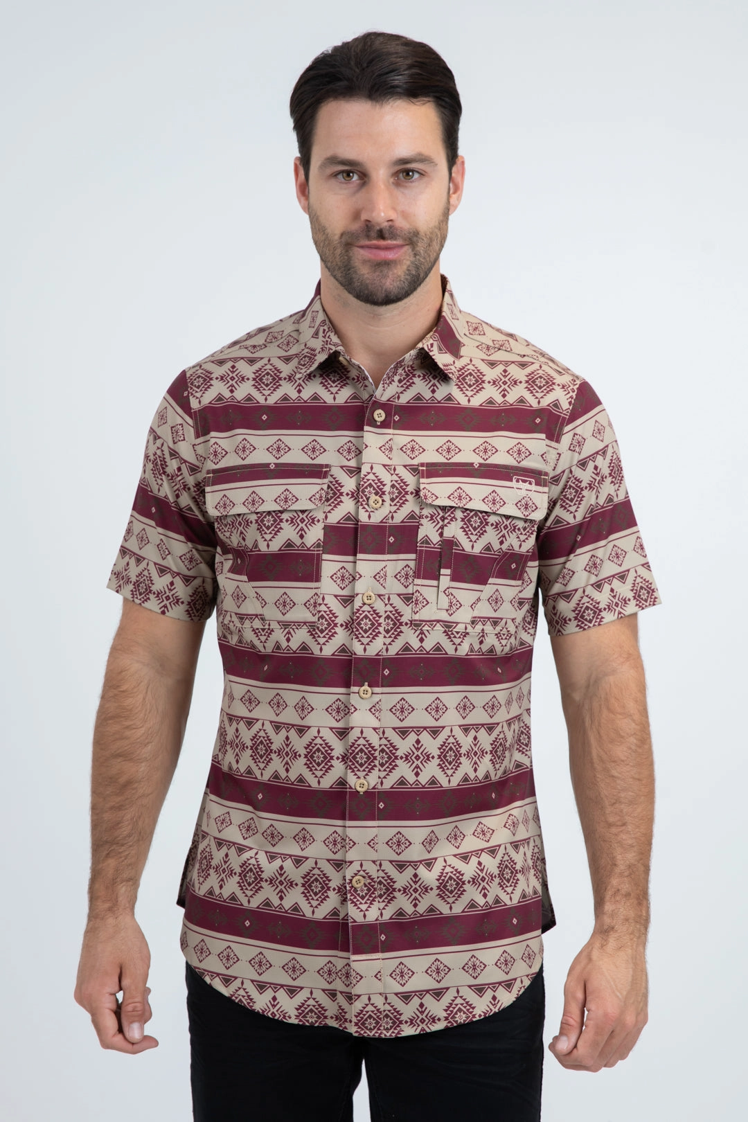 Matte Finish Mens Performance Classic Fit Short Sleeve Beige Shirt