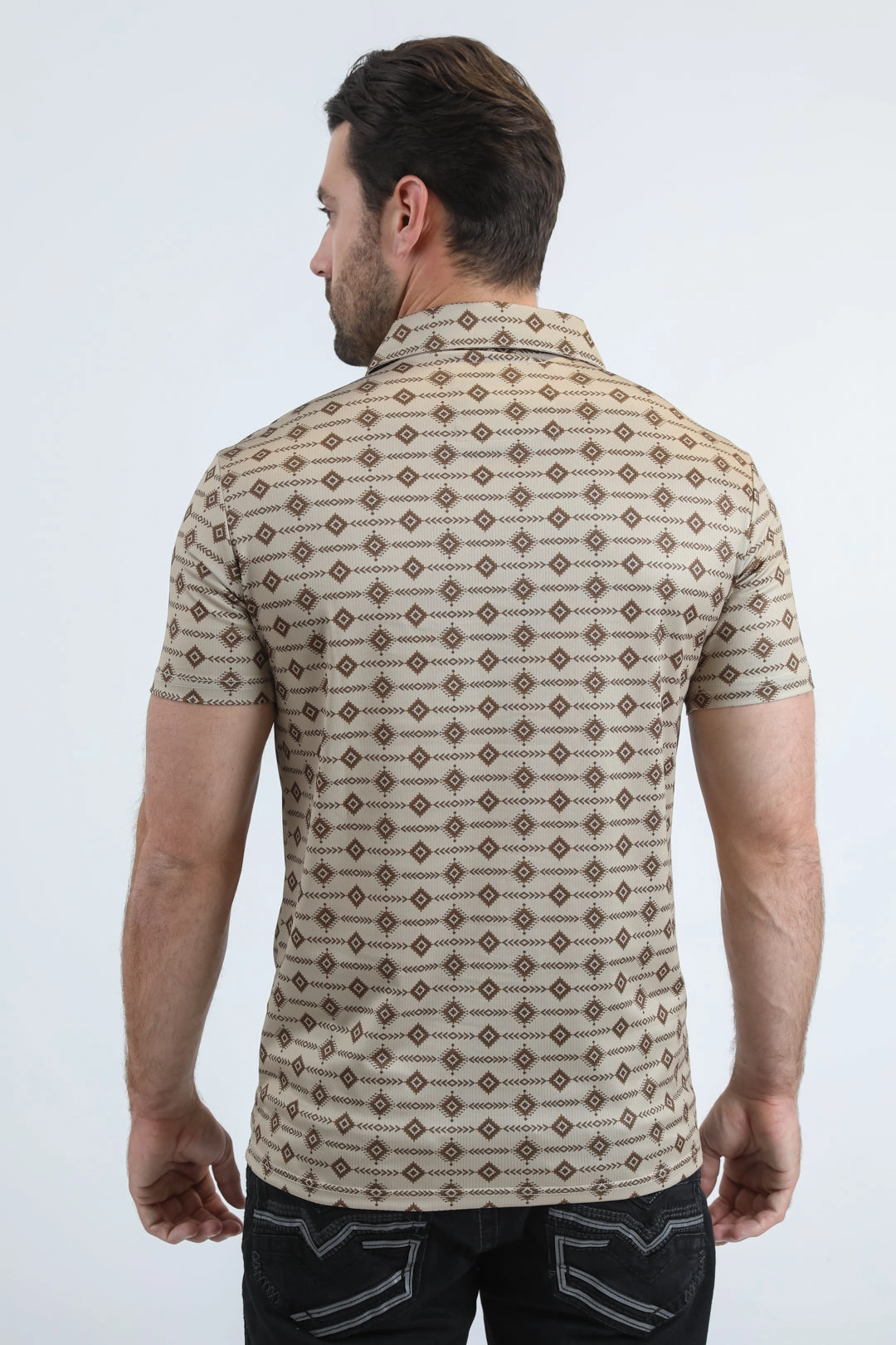 Effortless Fashion Casual Wear Mens Performance Fabric Modern Fit Stretch Aztec Print Beige Polo