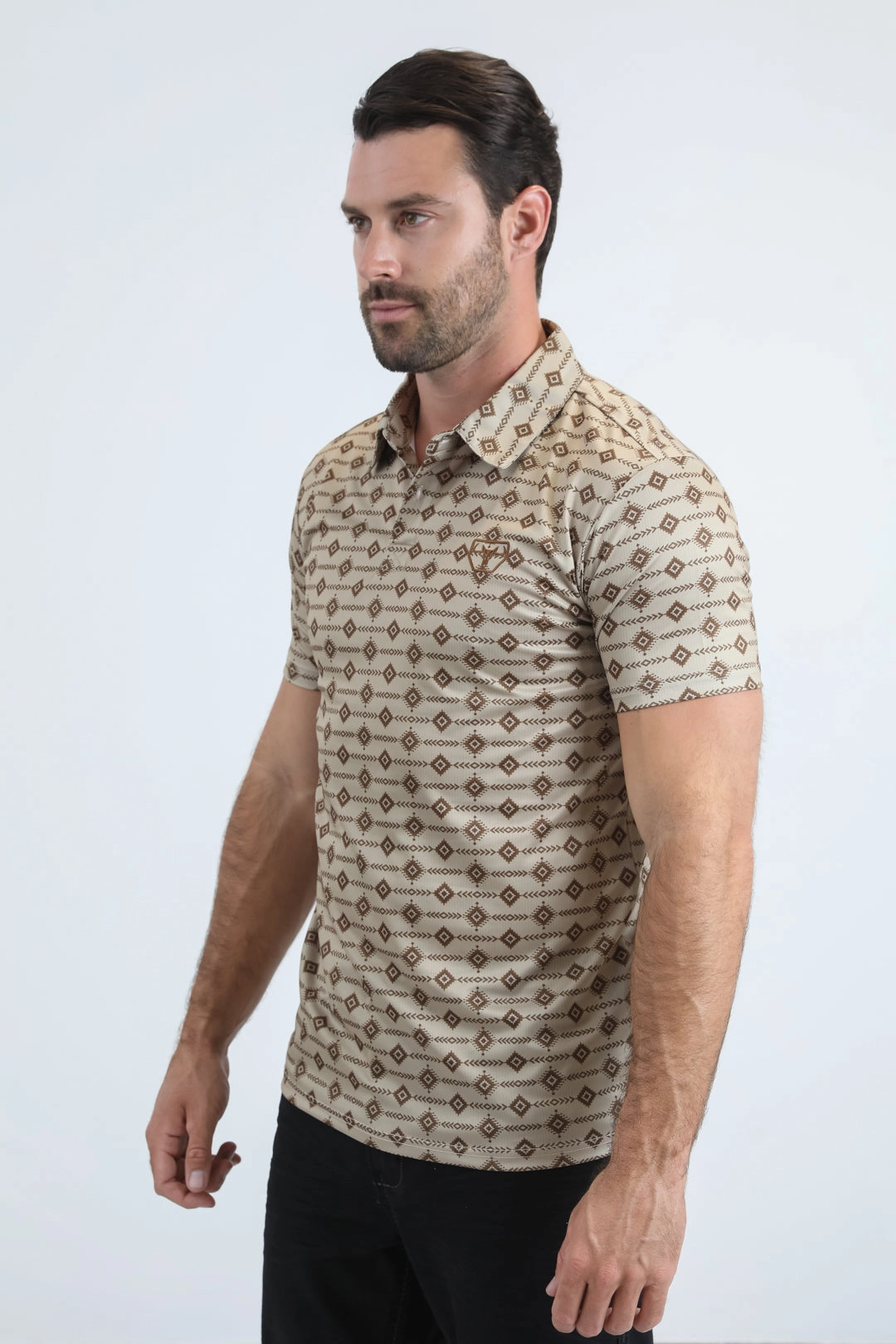 Minimalistic Design Mens Performance Fabric Modern Fit Stretch Aztec Print Beige Polo
