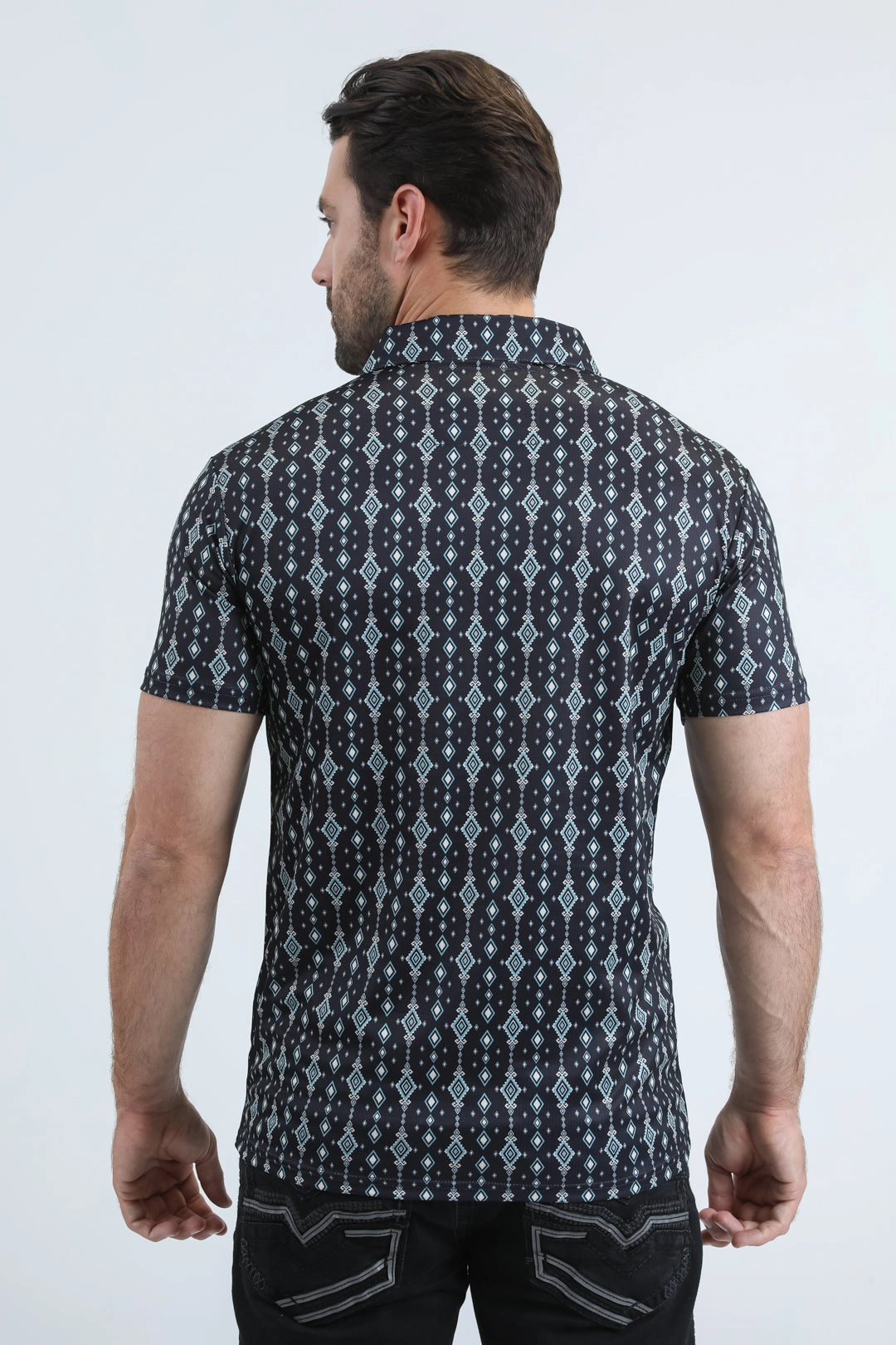 AntiPilling Technology Anti Pilling Surface Mens Performance Fabric Modern Fit Stretch Aztec Print Black Polo