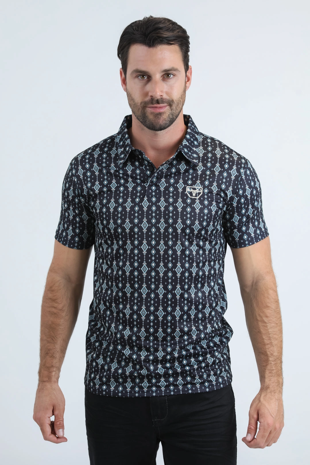 Mens Performance Fabric Modern Fit Stretch Aztec Print Black Polo Work Appropriate