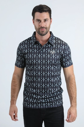 Mens Performance Fabric Modern Fit Stretch Aztec Print Black Polo Work Appropriate