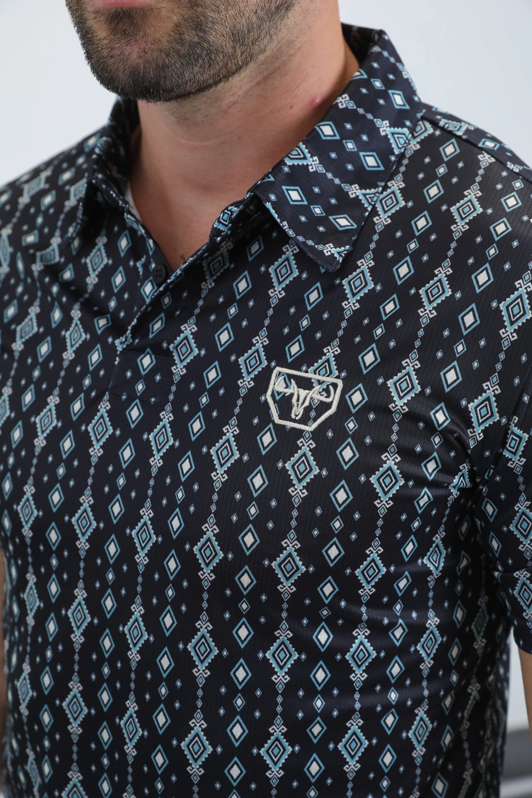 Sporty Fit Mens Performance Fabric Modern Fit Stretch Aztec Print Black Polo