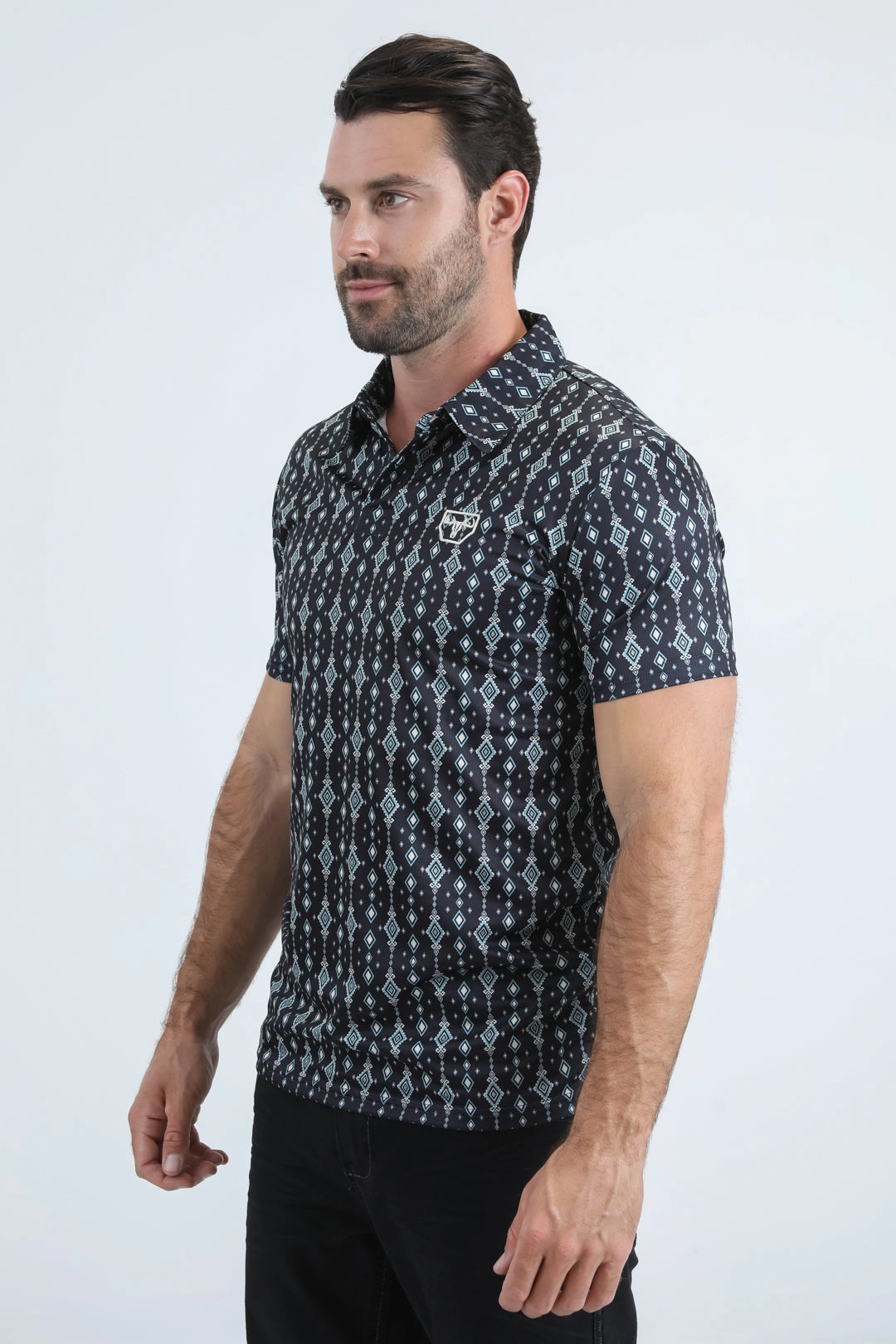 Casual Friday Fit For Comfort Mens Performance Fabric Modern Fit Stretch Aztec Print Black Polo