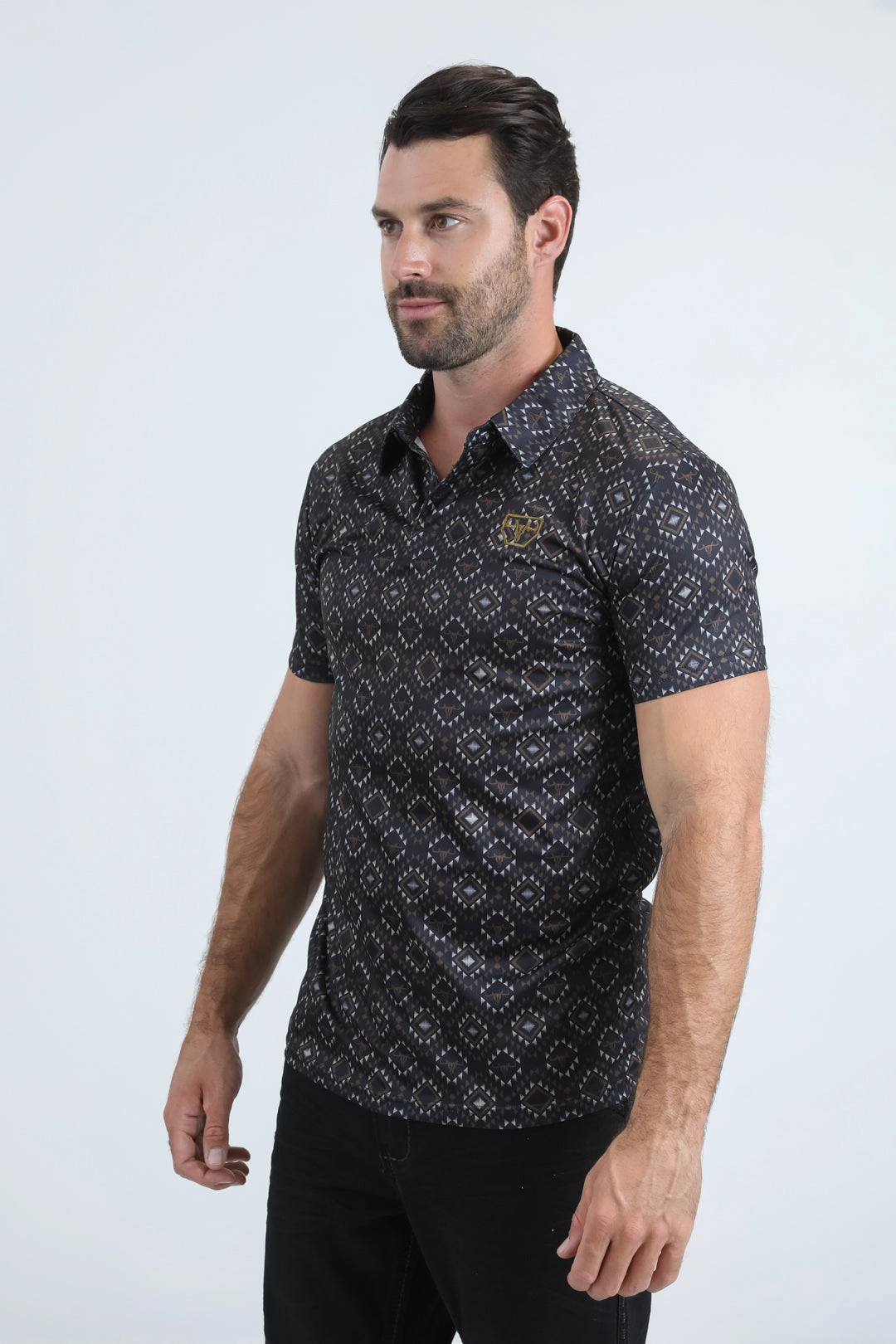 Comfort Style Relaxed Fashion Mens Performance Fabric Modern Fit Stretch Aztec Print Black Polo