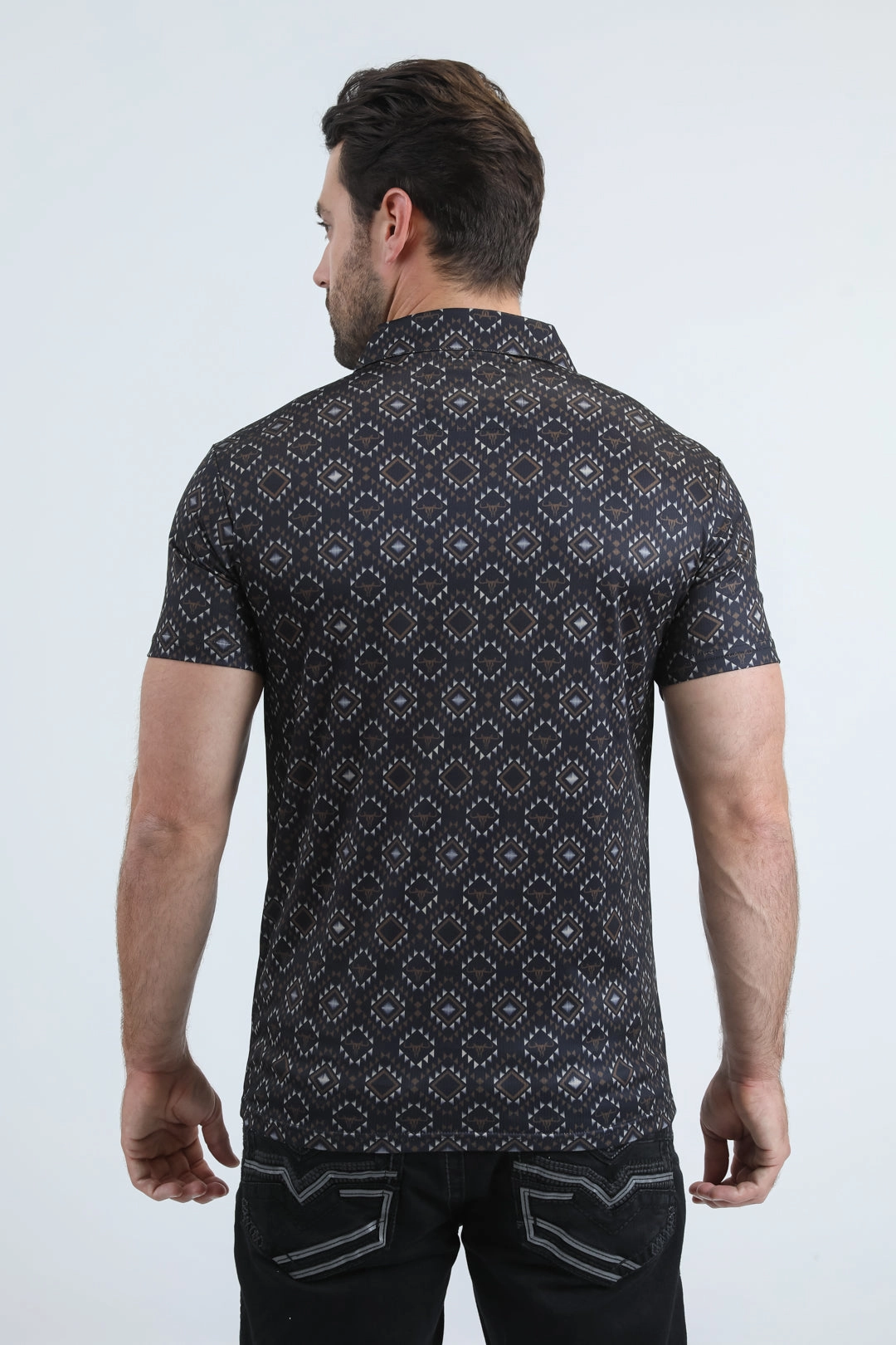 Outdoor Style Mens Performance Fabric Modern Fit Stretch Aztec Print Black Polo