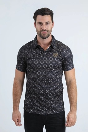 Contrast Trim Detail Fashion Must-Have Mens Performance Fabric Modern Fit Stretch Aztec Print Black Polo