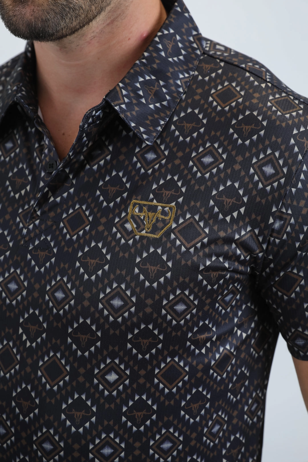 Refined Style Easy Wear Mens Performance Fabric Modern Fit Stretch Aztec Print Black Polo