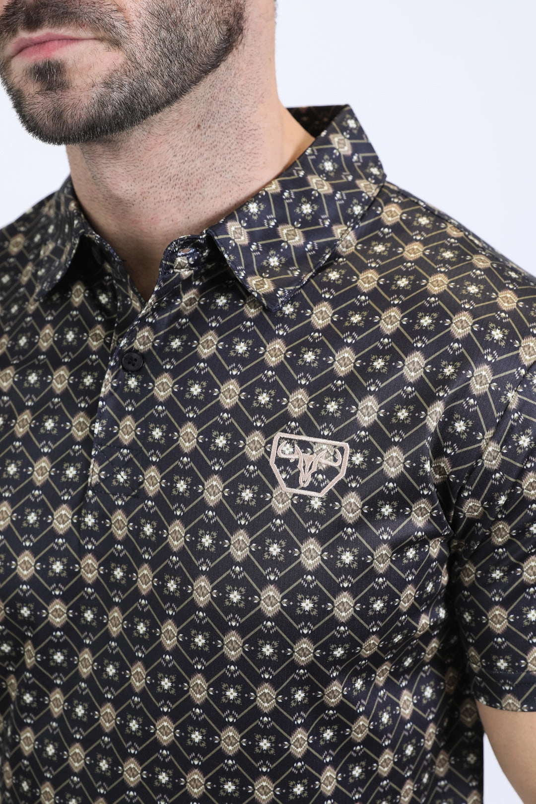 Mens Performance Fabric Modern Fit Stretch Aztec Print Black Polo Vibrant Comfort Heather Effect Weaving